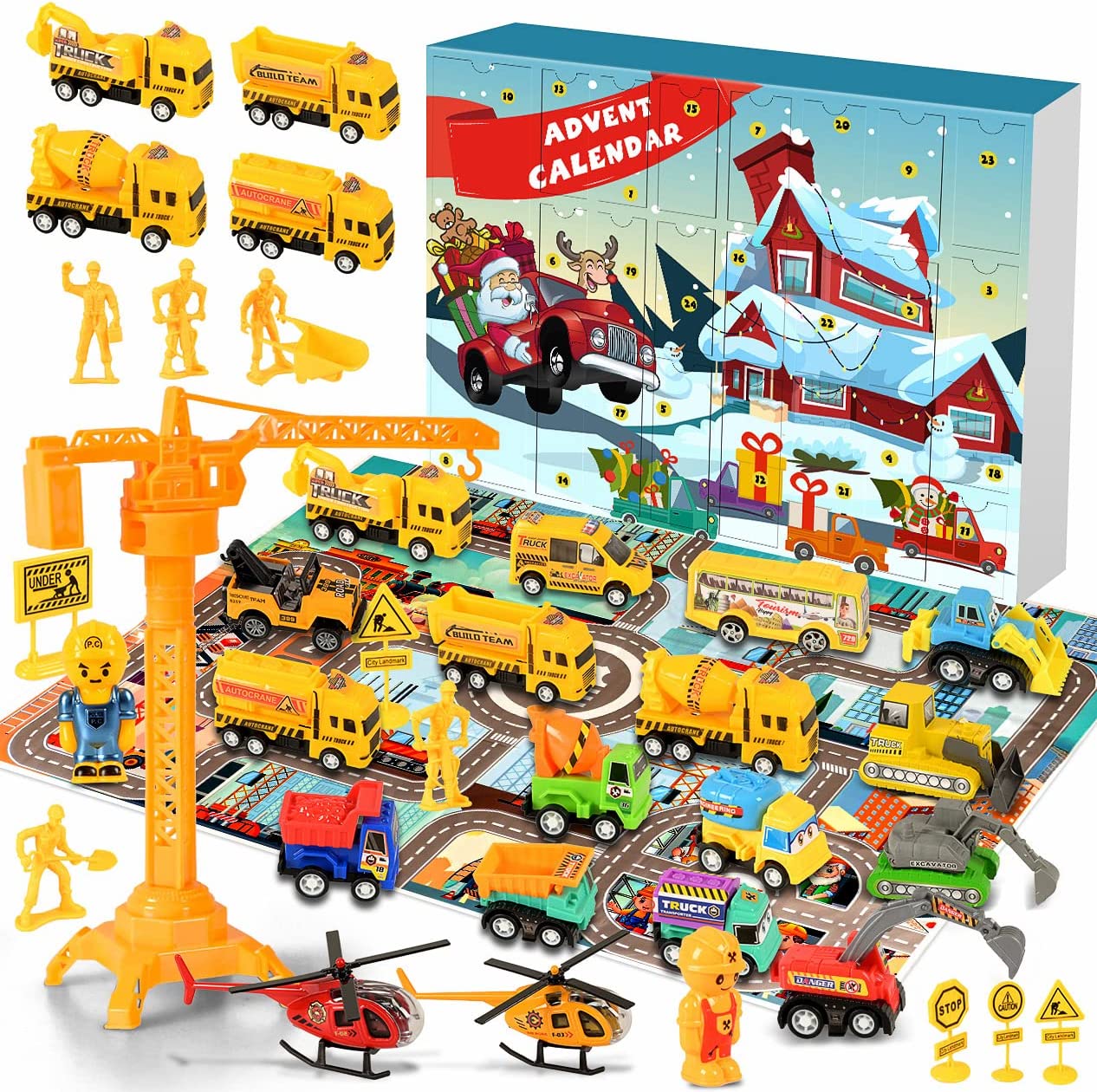 iZoeL Cars Advent Calendar Boy Kids 2021, 24 Pull Back Vehicles as Construction Vehicles School Cars Crane with Game Map for Son Grandson - 24 Christmas Countdown Days to Holiday, Xmas Surprise Gift