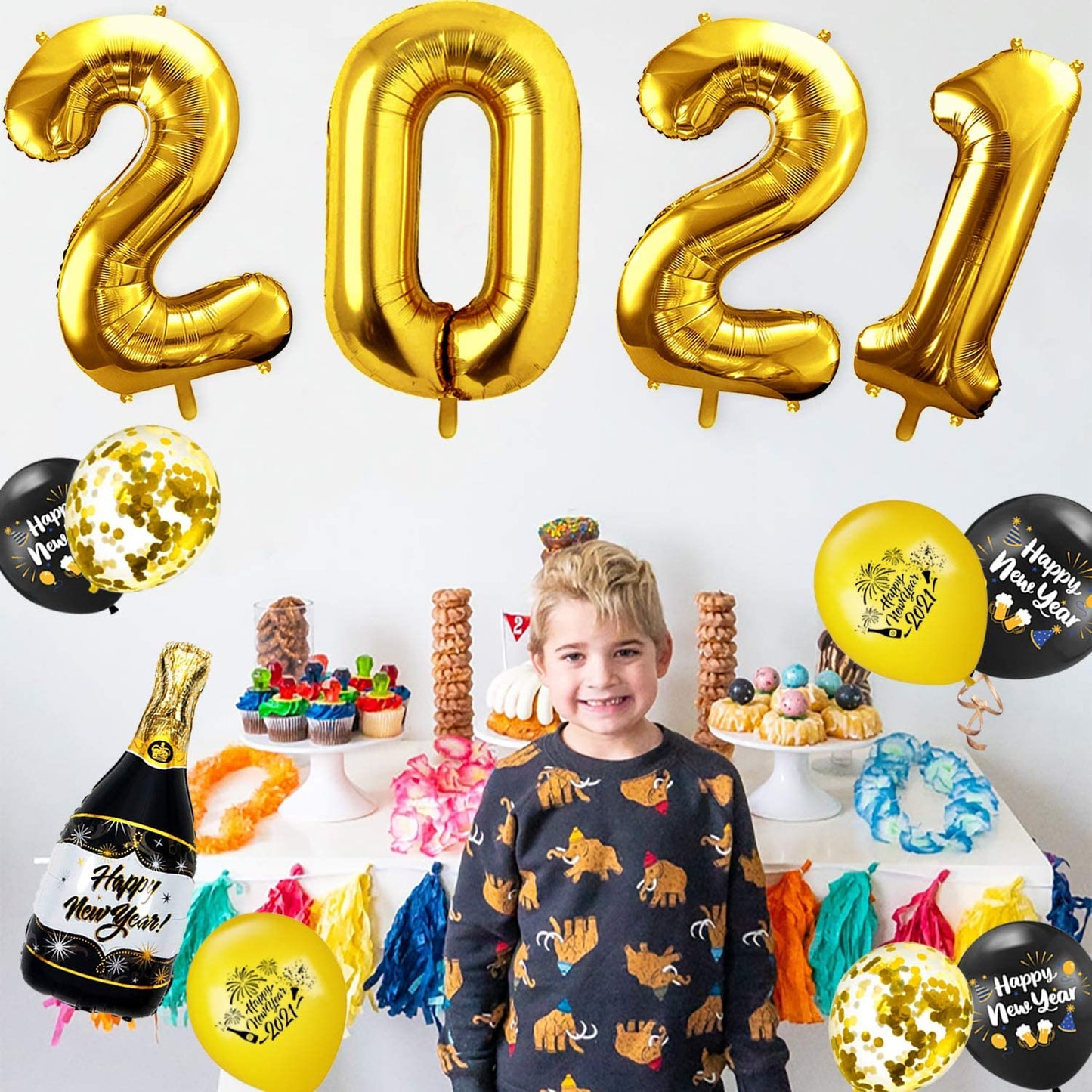 iZoeL Happy New Year Balloon 2021 XXL Set, Black Gold Happy New Year Banner, XXL 2021 Numbers, Bottle Champagne Black Gold Confetti Balloons for New Year's Eve Party Decoration (Black Gold)