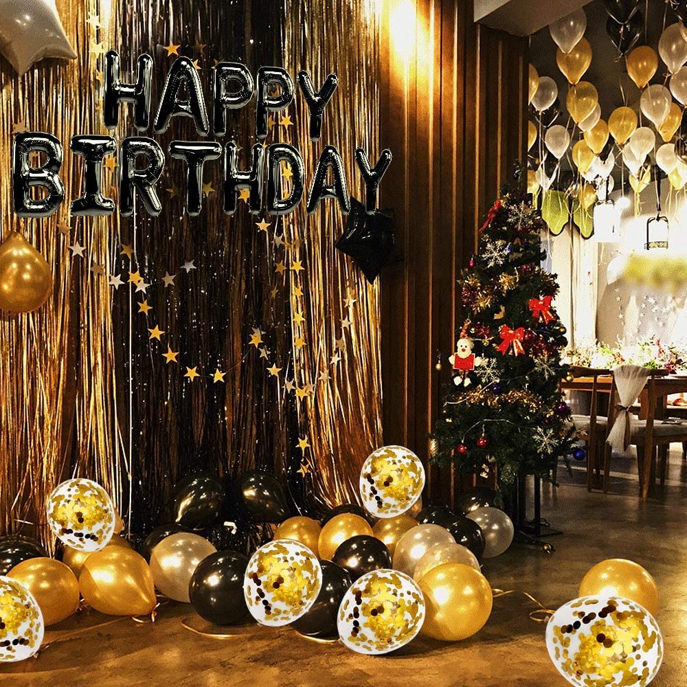 iZoeL Birthday Decorations for Men Women, Black Gold Happy Birthday Banner Balloons, Fringe Curtain, Foil Tablecloth, Heart Star Confetti Balloons and 10g Table Confetti