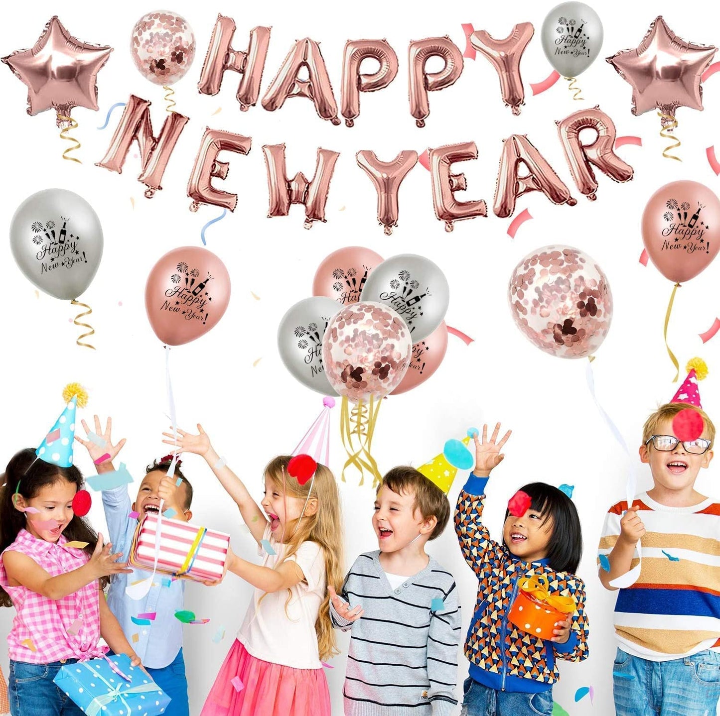 iZoeL XXL New Years Eve Party Decorations 2022, XXL Rose Gold Happy New Year Decorations, Happy New Year Banner, XXL 2022 Balloons, Latex Confetti Star Balloons - New Years Balloons
