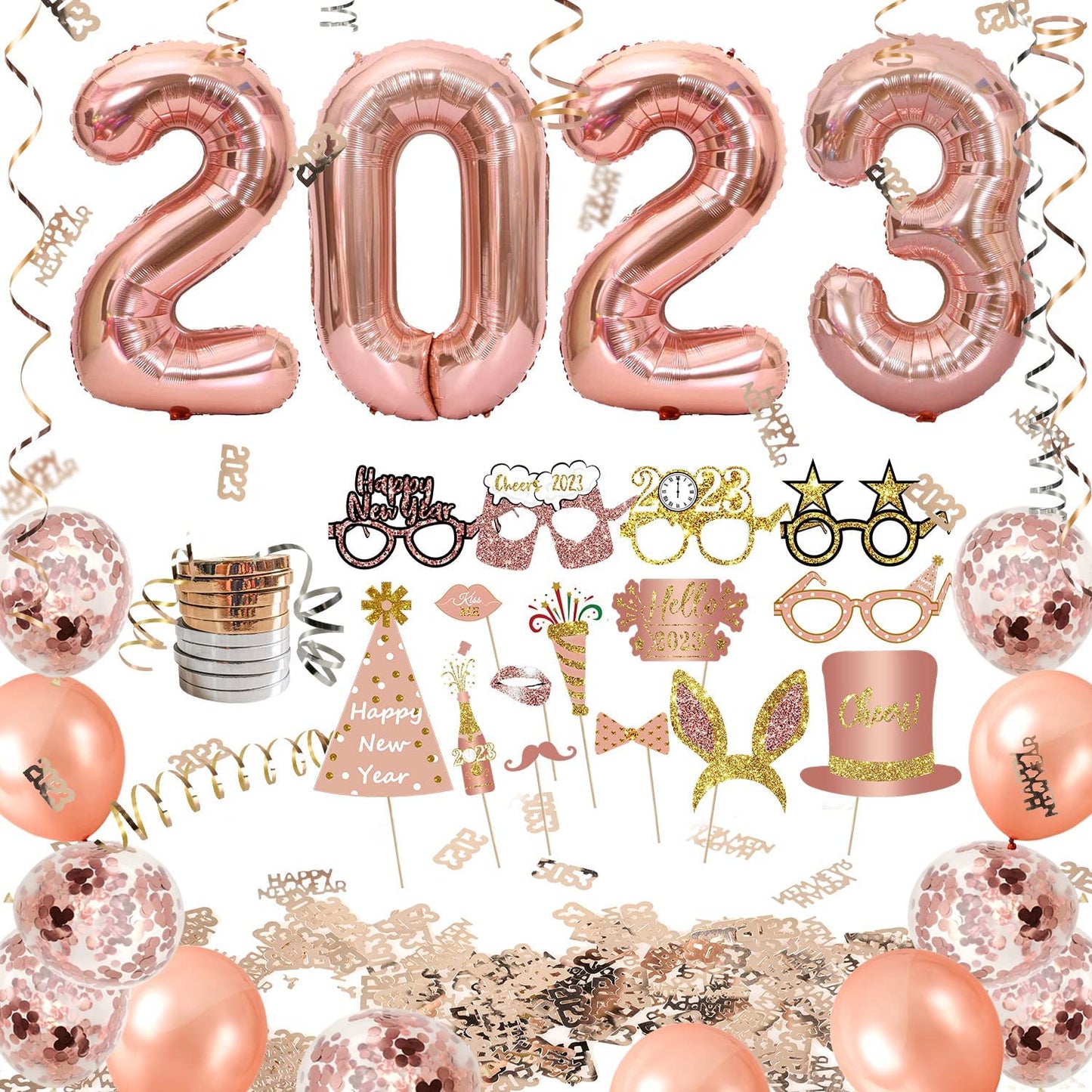 iZoeL New Years Decorations 2023 Eve Party Supplies - Rose Gold 2023 Balloons 2023 Glasses New Year Photo Booth Props, Curling Ribbons Table Confetti Decorations - New Years Party Favors