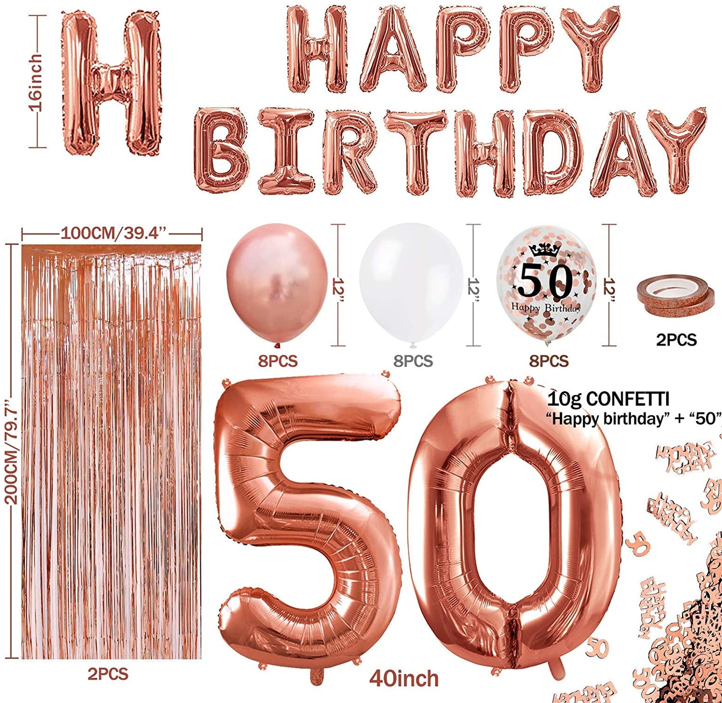 iZoeL 50th Rose Gold Birthday Party Decoration Happy Birthday Banner Helium Number Balloon 50 XXL, 2 Rose Gold Fringe Curtain Latex Confetti Balloon Table Confetti Girl Women Anniversary