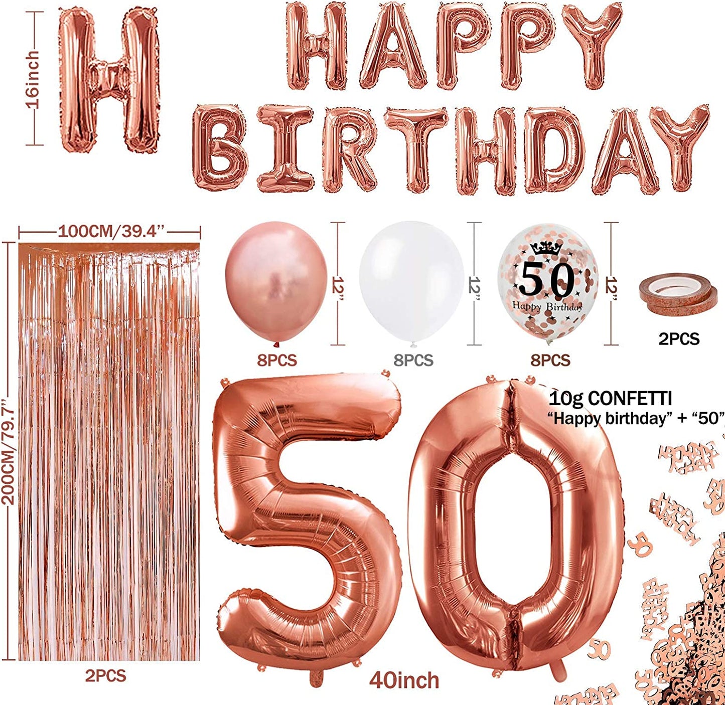 iZoeL 50th Rose Gold Birthday Party Decoration Happy Birthday Banner Helium Number 50 XXL, 2 Rose Gold Fringe Curtain Latex Confetti Balloon Table Confetti Girl Women Anniversary