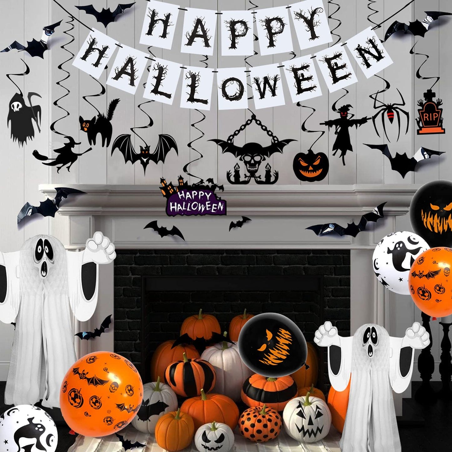 iZoeL Spooky Halloween Decorations Balloon Set, Floating Ghost Flying Bat Halloween Banner Scary Balloons, Halloween Party Decor for Indoor Outdoor Yard Haunted House Props halloween bunting
