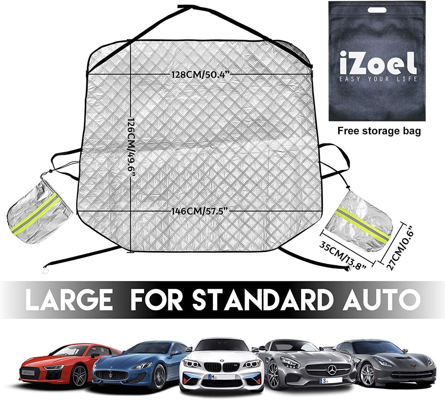 iZoeL Windshield Cover for Winter, Frost Guard Windscreen Cover, Side Wing Mirrors Cover with Reflector, Snow Ice Protector Full Protection for Normal Car Size (146cm * 126cm)