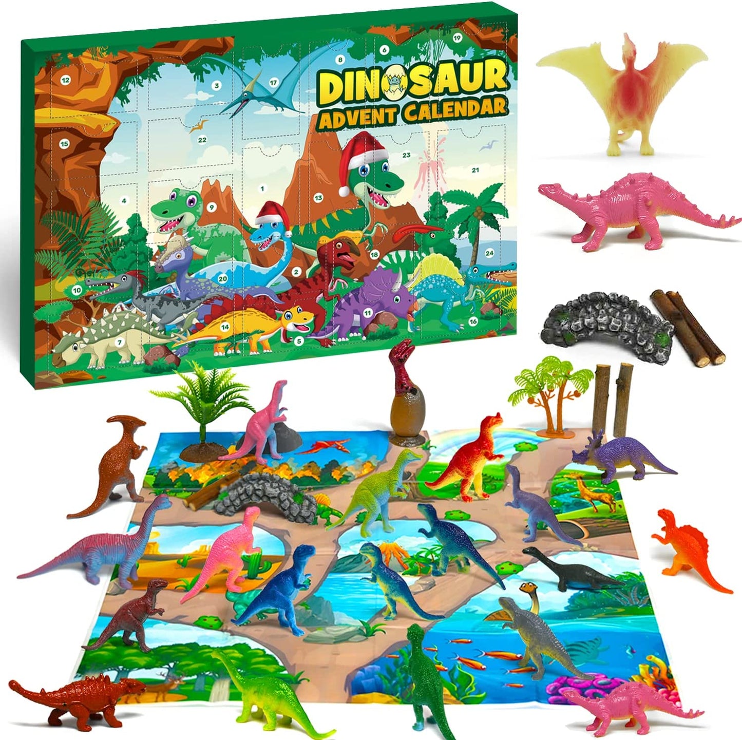 iZoeL Dinosaur Advent Calendar for Boys Kids 2021 Christmas, 24 Dinosaurs Figures Playset with Game Map, Countdown Days to Christmas Holiday, Xmas Surprise Gift for Son Grandson Brother (Paper)