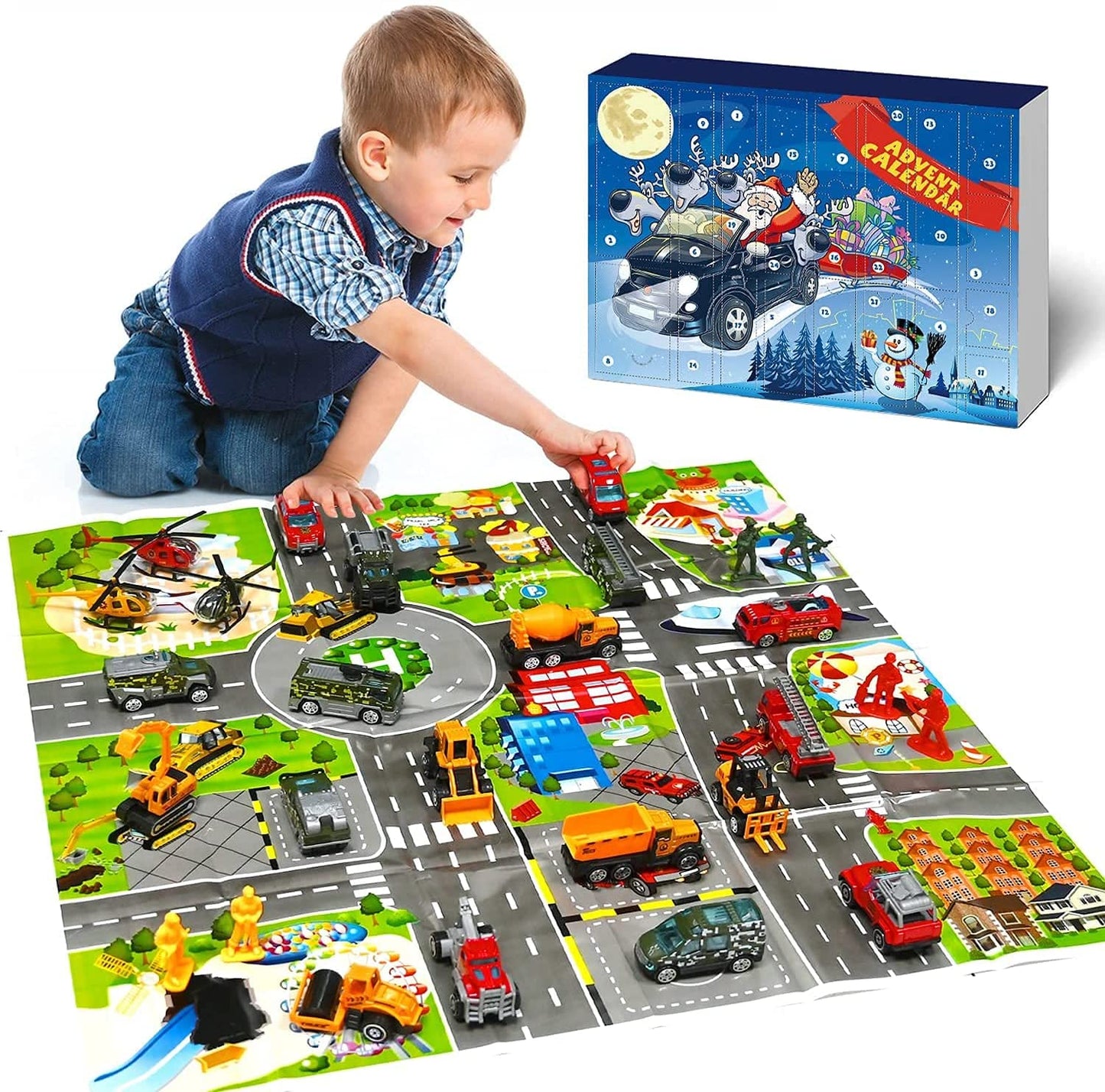 iZoeL Alloy Cars Advent Calendar for Kids Boys 2021, Launcher with 24 Construction Truck Fire Car Military Vehicles Helicopter, 24 Countdown Days for Son Grandson Girls