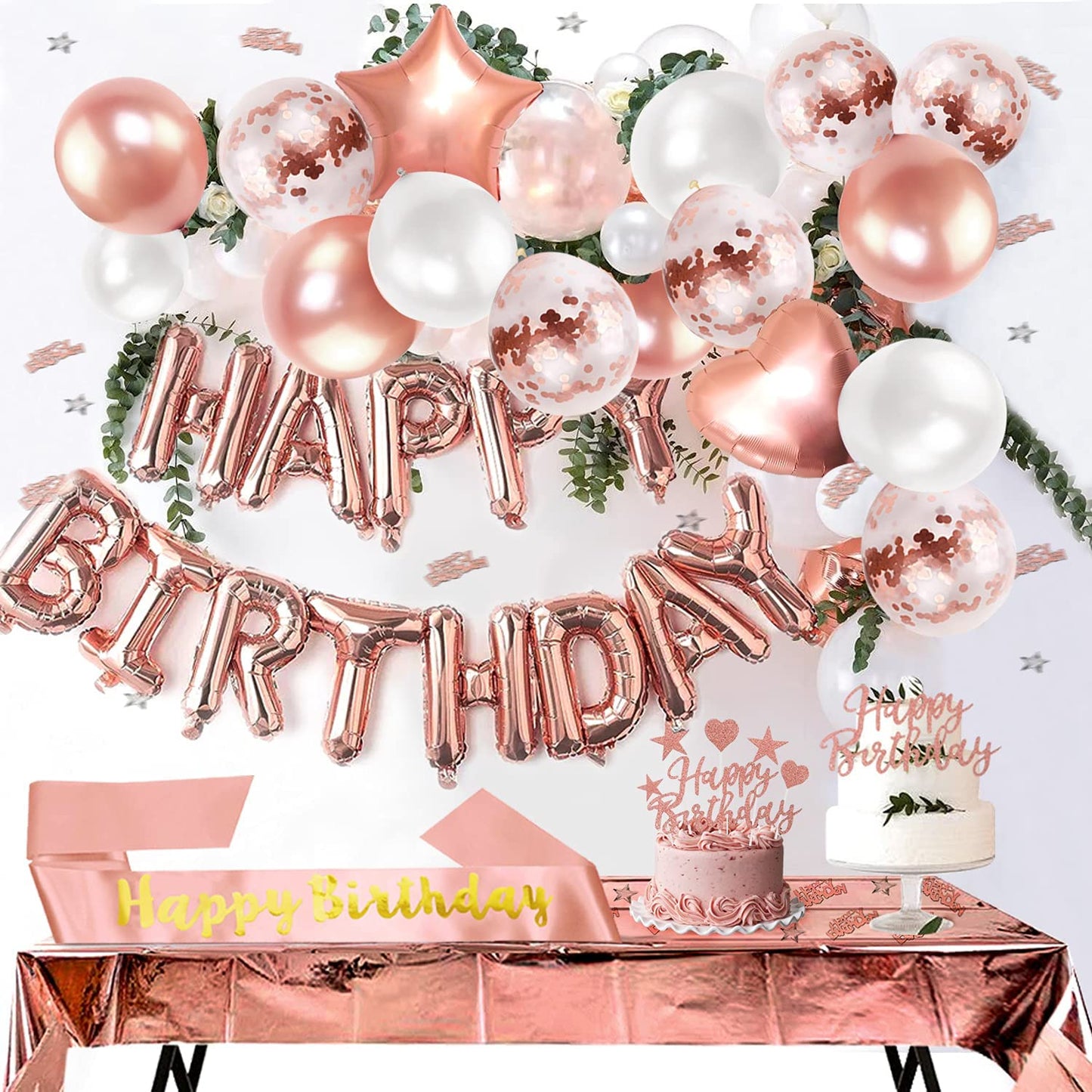 iZoeL Rose Gold Birthday Party Decoration, Happy Birthday Banner, Rose Gold Foil Tablecloth, Birthday Sash, Heart Star Foil Confetti Balloons 11pcs Cake Toppers 10g Table Confetti for Girls Women