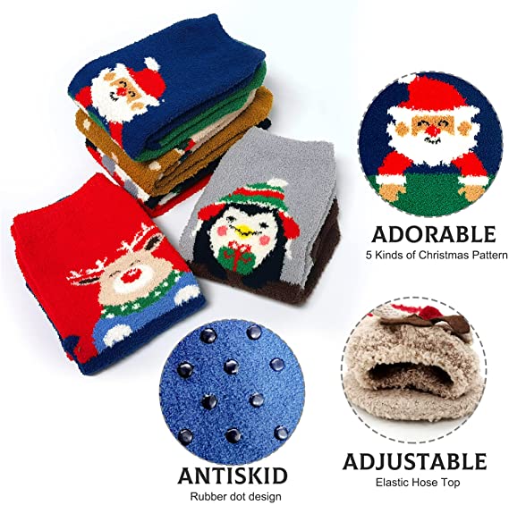 iZoeL Christmas Socks for Women Boys Girls, Funny Fluffy Socks Gifts, Grip Bed Socks Novelty Socks House Socks, Cozy Soft Warm Socks for Winter, Christma Gift Socks, Pack of 5 Nonslip Socks