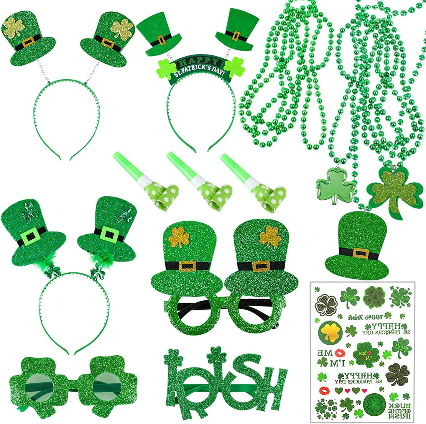 iZoeL St Patricks Day Accessories Women Girls Kids St Patricks Day Headband Shamrock Glasses Necklaces - Irish Fancy Dress Leprechaun Costume Outfits kids