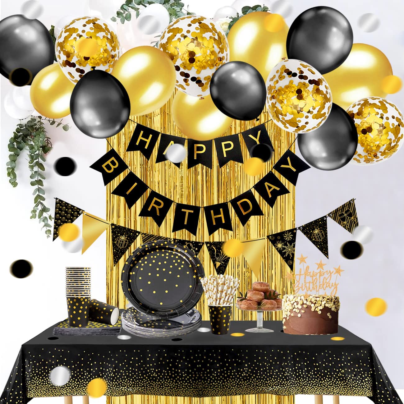 iZoeL 30 Guests Black Gold Birthday Party Decorations for Men Women, Birthday Tableware Curtain Tablecloth Plates Napkins Cups Straws 10g Confetti Birthday Balloon Cake Topper