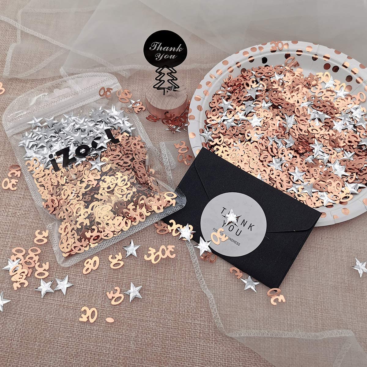 iZoeL 30th Rose Gold Table Confetti Bag 30g incl. 30th Birthday Confetti (1000pcs) Silver Star Confetti Sequin(200pcs) for 30th Birthday Party Wedding Anniversary Table Decoration (Rose Gold 30)