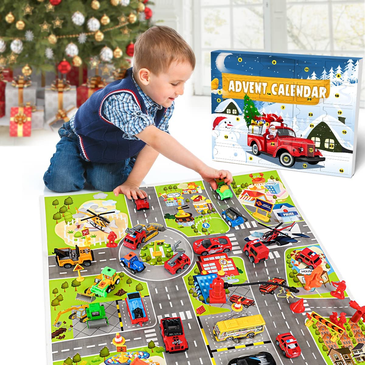 iZoeL Cars Advent Calendar for Kids Boys 2022 Christmas, 24 Pull Back Vehicles Helicopter Construction Vehicles Fire Truck Car Countdown Days to Christmas for Son Grandson Girls