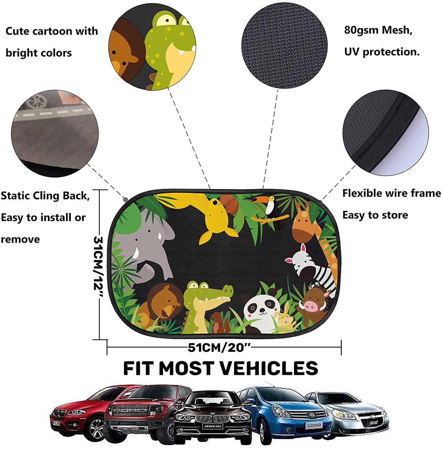 iZoeL Car Sun Shade for Baby Kids 2 Pack, Static Cling Side Window Car Annimal, 80GSM Rear Sunshades Universal with 8 Suction Cups and Storage Bag - Sun Glare and UV Rays Protection