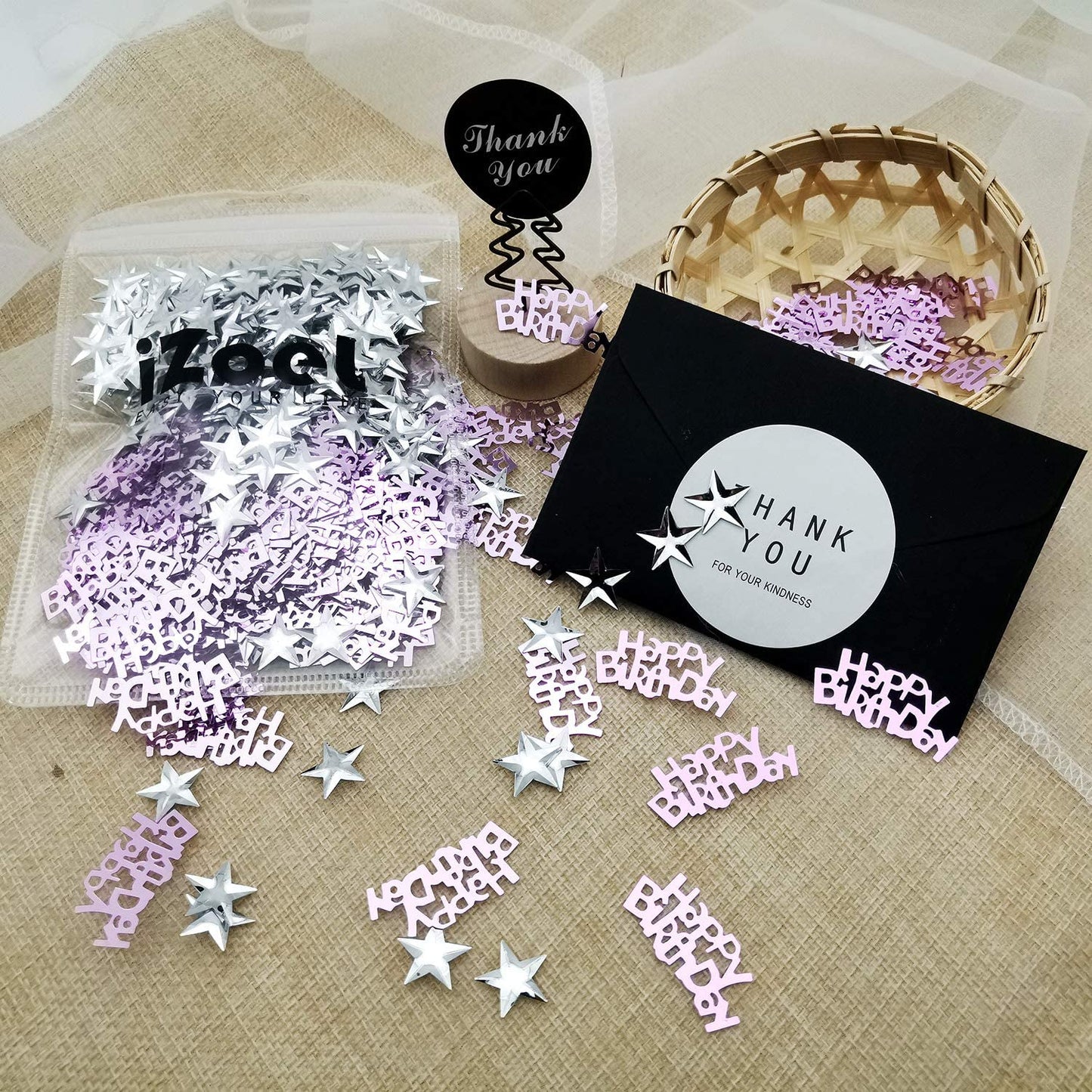 iZoeL 30g Pink Birthday Table Confetti for Girls Women Birthday Party Decoration, incl. Pink Happy Birthday Confetti (240pcs) Silver Star Confetti Sequin(350pcs)