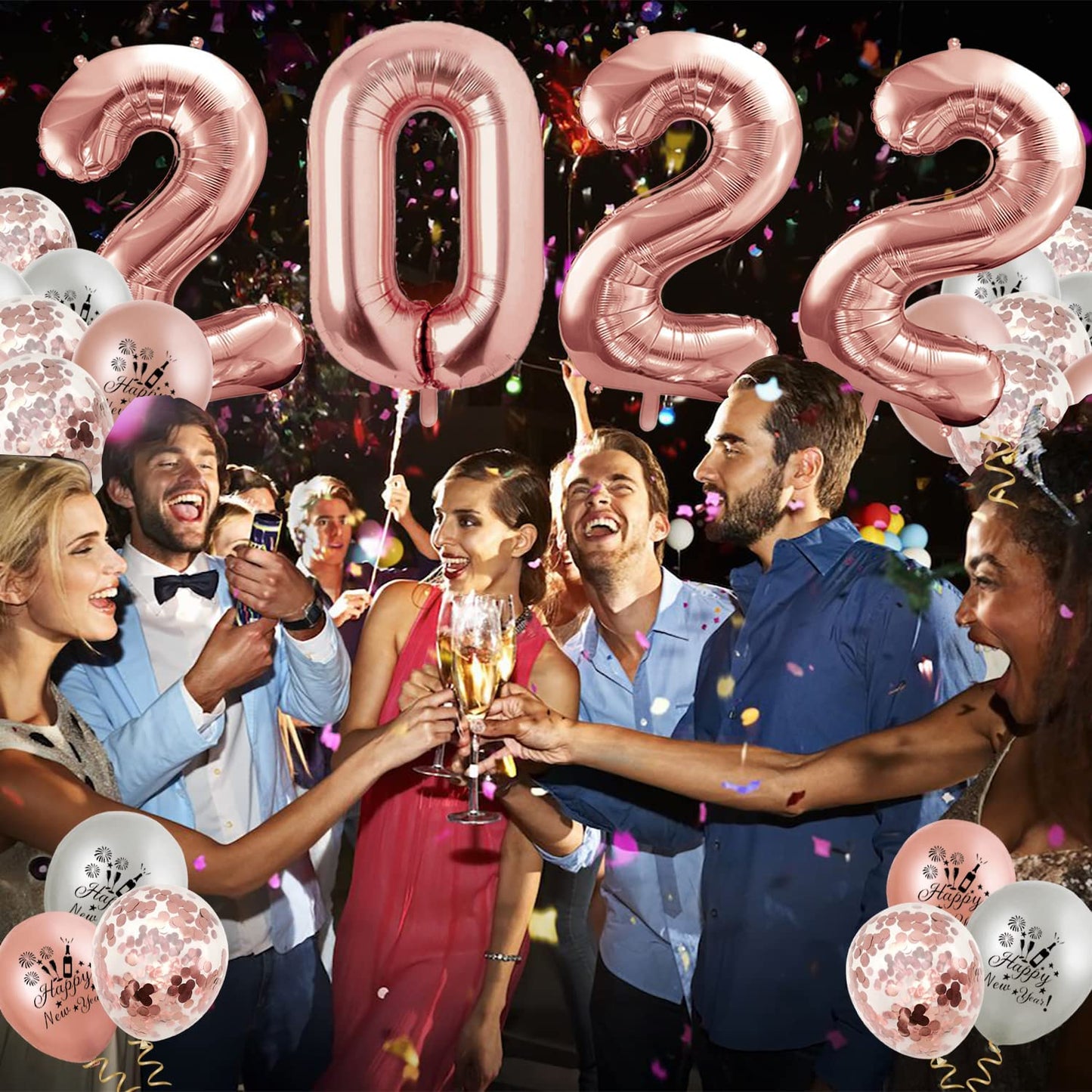 iZoeL XXL New Years Eve Party Decorations 2022, XXL Rose Gold Happy New Year Decorations, Happy New Year Banner, XXL 2022 Balloons, Latex Confetti Star Balloons - New Years Balloons