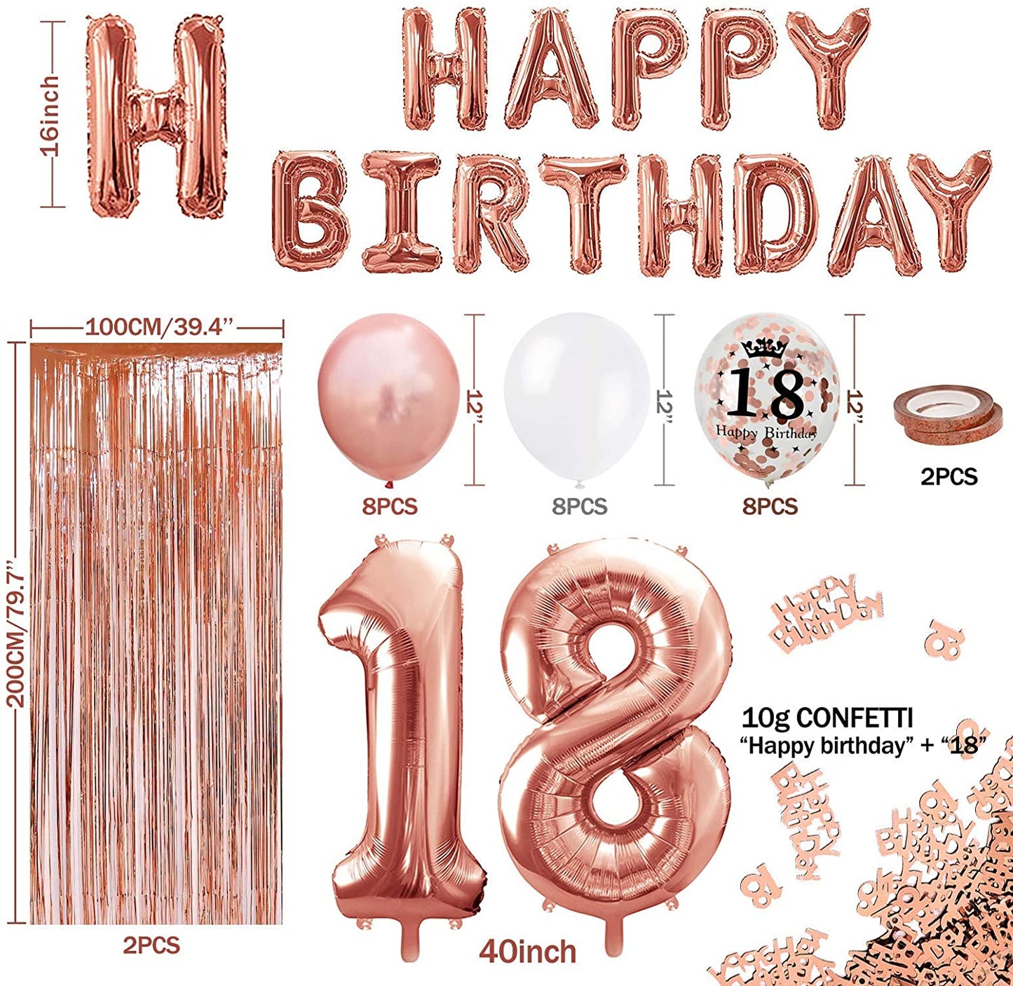 iZoeL 18th Rose Gold Birthday Party Decoration, Happy Birthday Banner, Helium Number Balloon 18 XXL, 2 Rose Gold Fringe Curtain, Latex Confetti Balloon, Table Confetti Girl Women