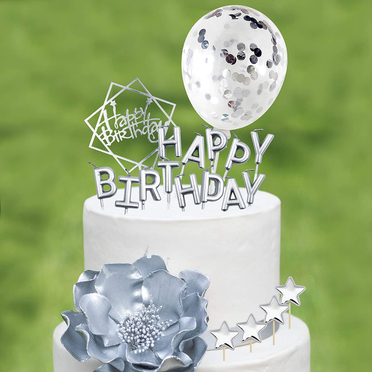 iZoeL Silver Cake Decoration Silver Happy Birthday Candles Happy Birthday Banner Confetti Balloon Stars Cake Topper For Silver Theme Party Decor Girl Kid Women Birthday Party Baby Shower Anniversary