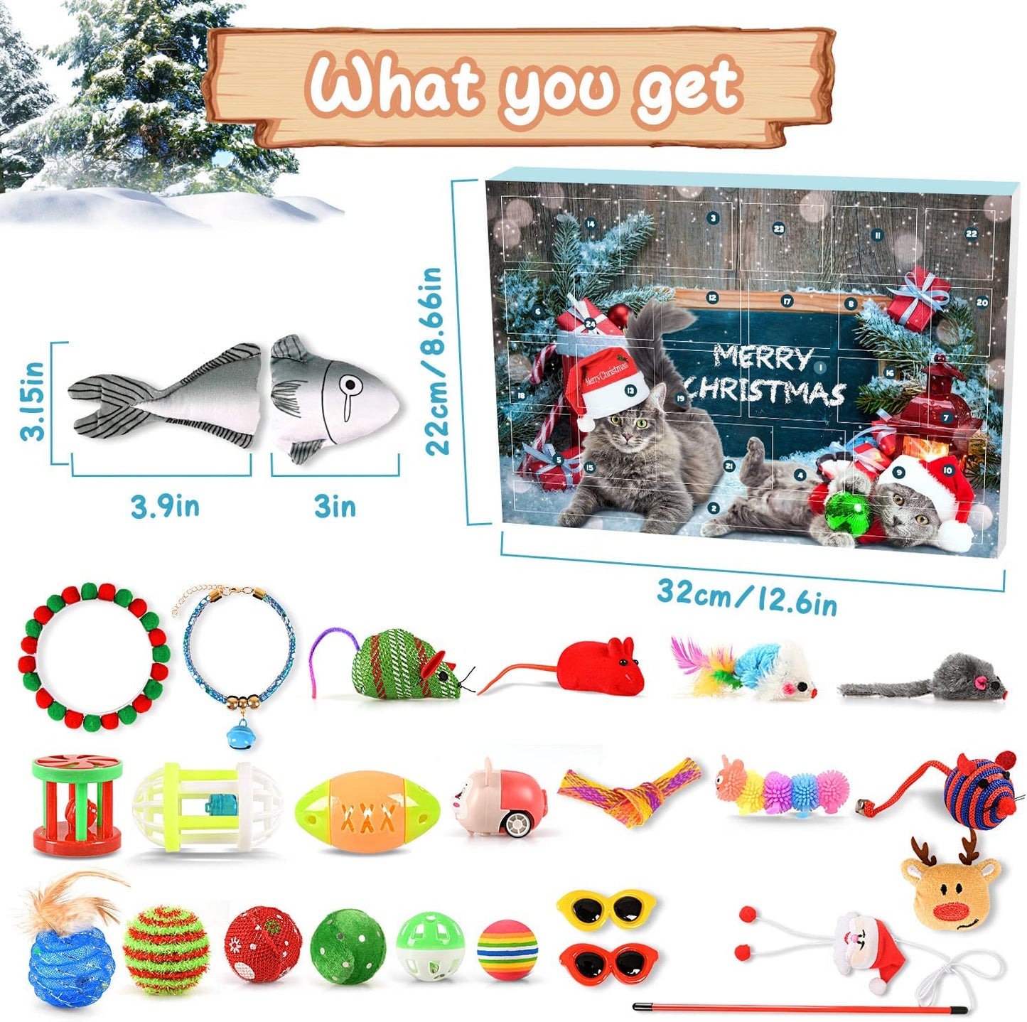 iZoeL Cat Advent Calendar 2022, 24 Pcs Interactive Cat Toys for Indoor Cats - Christmas Cat Collars Cat Bow Tie Feather Toys for Cats, Fish Fake Mouse Bell Balls for Cat