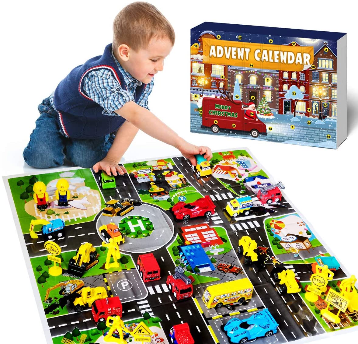 iZoeL Alloy Cars Advent Calendar for Kids Boys 2021, Launcher with 24 Vehicles (Plastic)