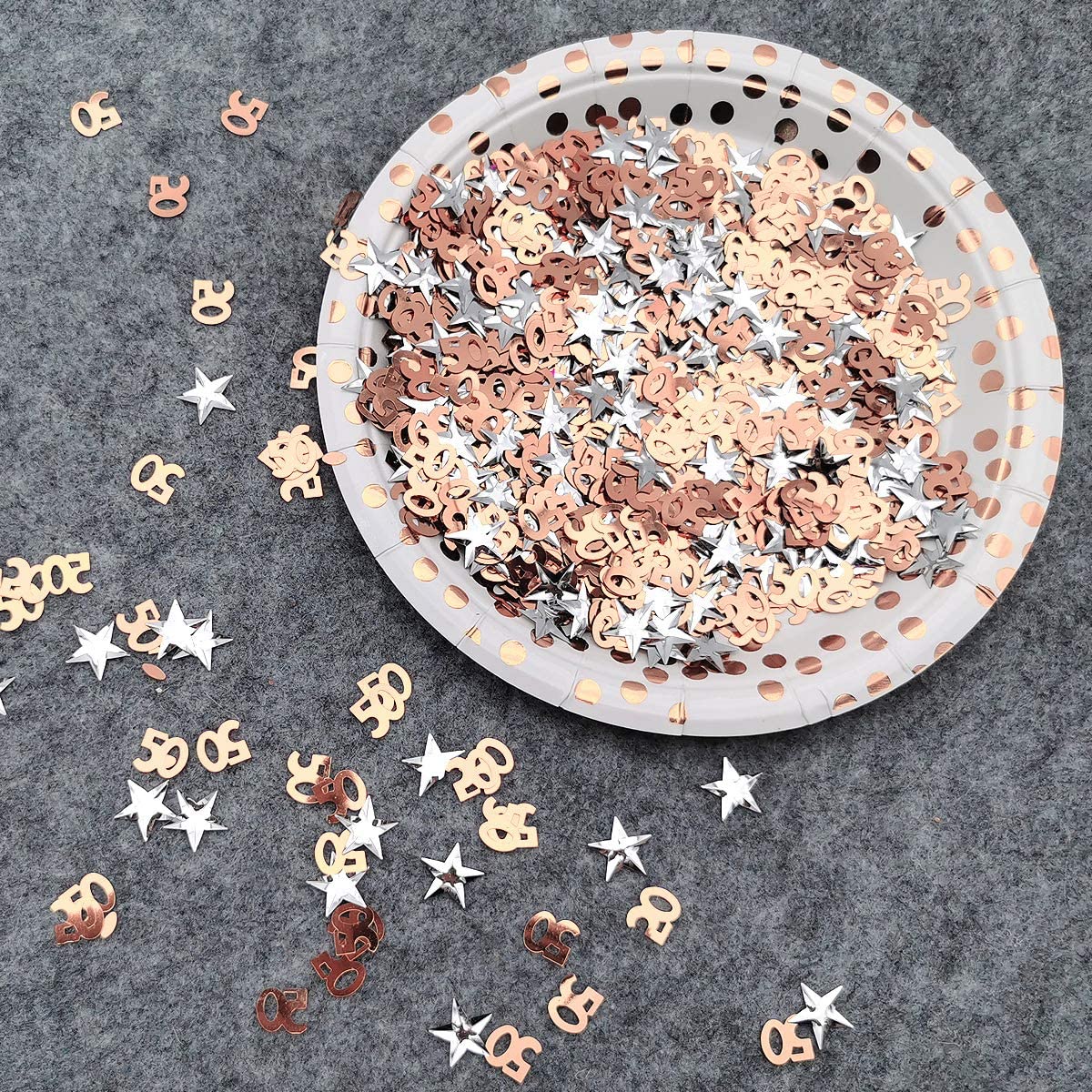 iZoeL 50th Rose Gold Table Confetti Bag 30g incl. 50th Birthday Confetti (1000pcs) Silver Star Confetti Sequin(200pcs) for 50th Birthday Party Wedding Anniversary Table Decoration (Rose Gold 50)
