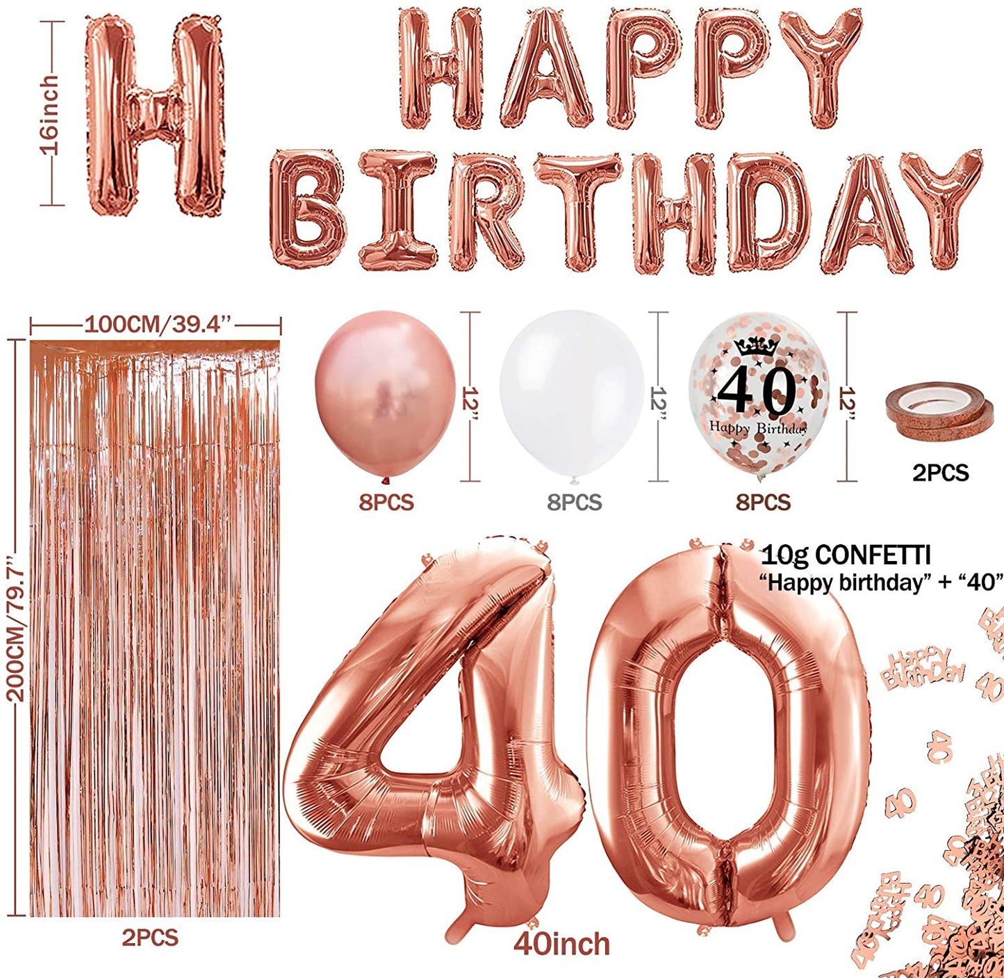 iZoeL 40th Rose Gold Birthday Party Decoration Happy Birthday Banner Helium Number Balloon 40 XXL 2 Rose Gold Fringe Curtain Latex Confetti Balloon Table Confetti Girl Women Anniversary