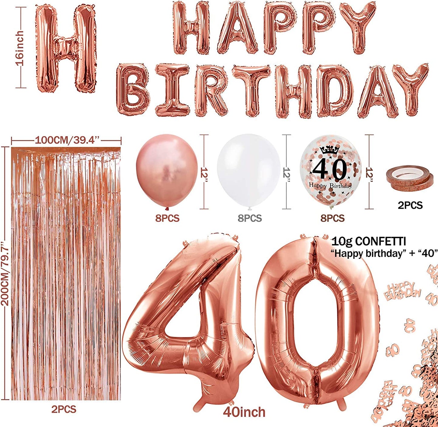 iZoeL 40th Rose Gold Birthday Party Decoration Happy Birthday Banner Helium Number 40 XXL 2 Rose Gold Fringe Curtain Latex Confetti Balloon Table Confetti Girl Women Anniversary