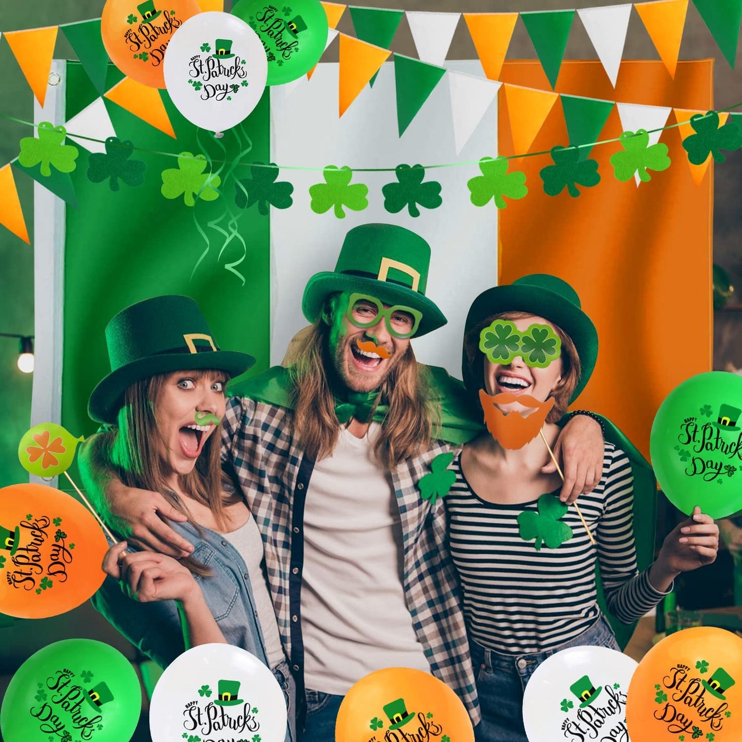 iZoeL St Patricks Day Decorations St Patricks Day Accessories, Irish Flag Bunting St Patricks Day Balloons Photo Booth Props Shamrocks Confetti for Home Bar Irish Paddy's Day Outside Party Decoration