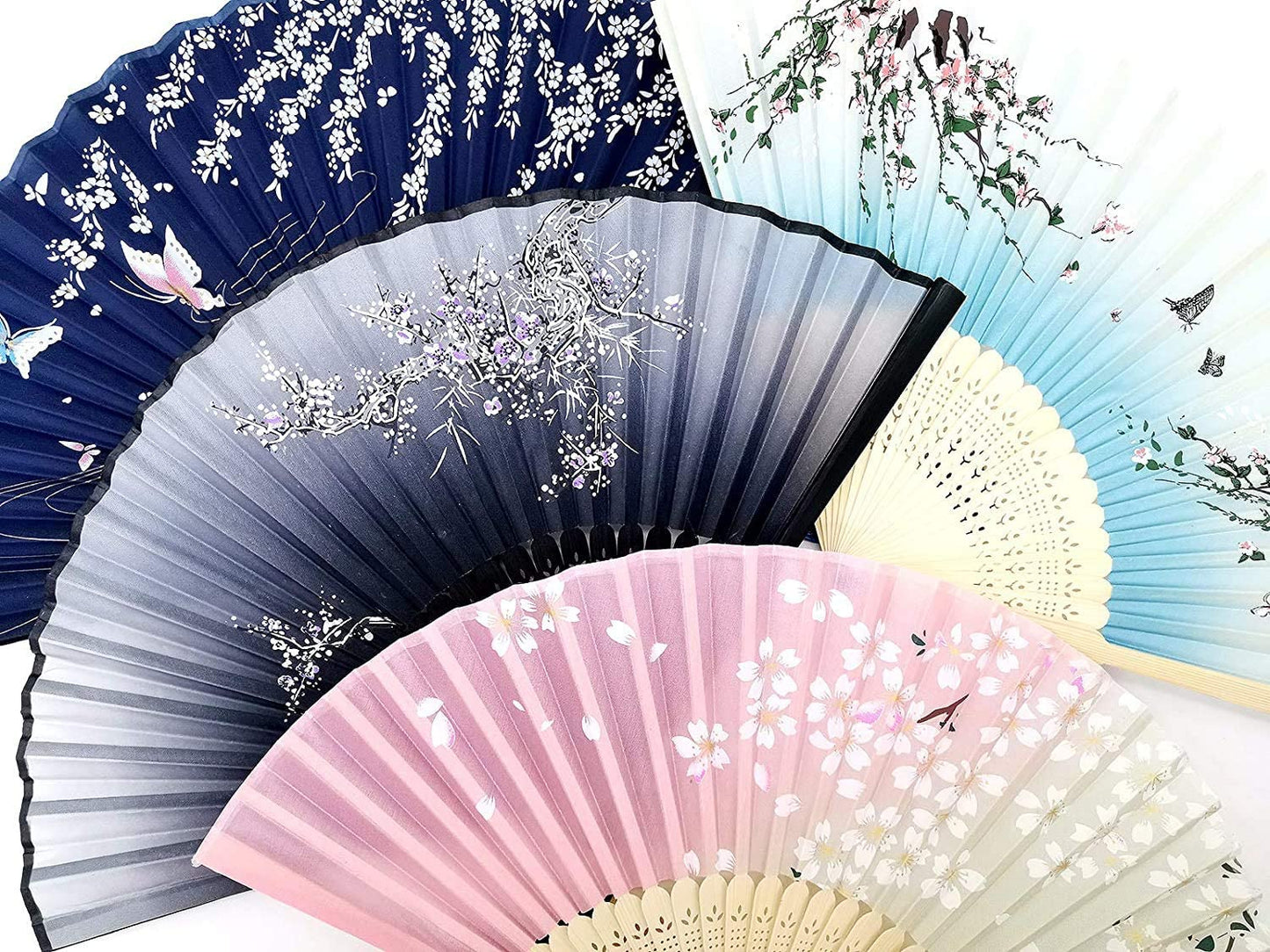 iZoeL Pocket Fans Folding Handheld Bamboo Fans with Tassel with 4 Delicate Bags Wedding Favours Party Guest Gift Wall Decoration Women Fan Blue & grey & Black & Pink