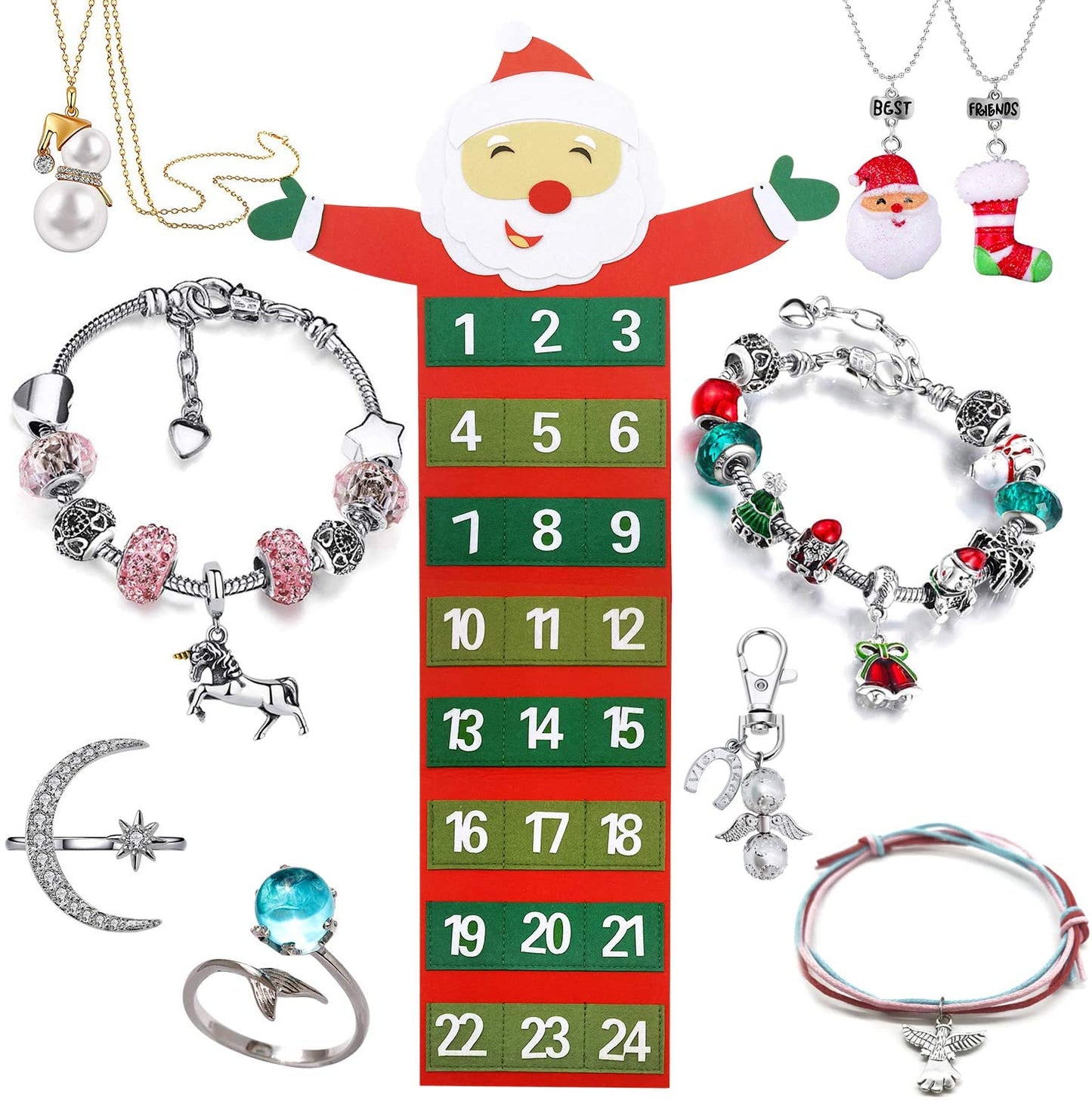 iZoeL Christmas Advent Calendar 2019, 24 Days Gift Jewellery Charms, with 16 Charms, 2 Pendant, 2 Bracelet and 3 Necklace, 2 Ring, 1 Keychian for Girl Kid Children Women Adult