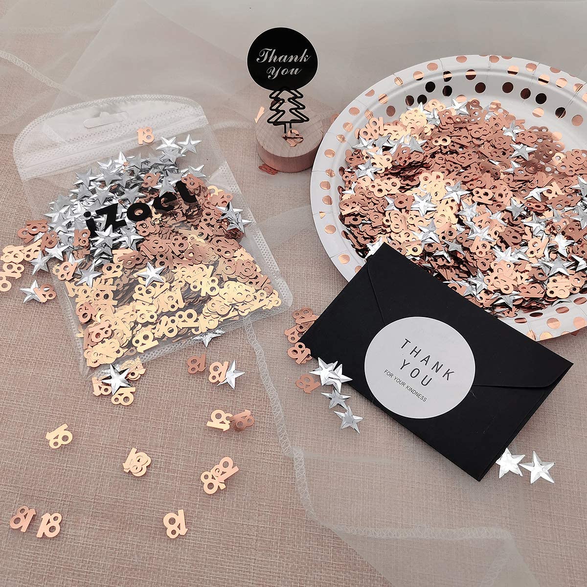 iZoeL 18th Rose Gold Table Confetti Bag 30g incl. 18th Birthday Confetti (1000pcs) Silver Star Confetti Sequin(200pcs) for 18th Birthday Party Wedding Anniversary Table Decoration (Rose Gold 18)