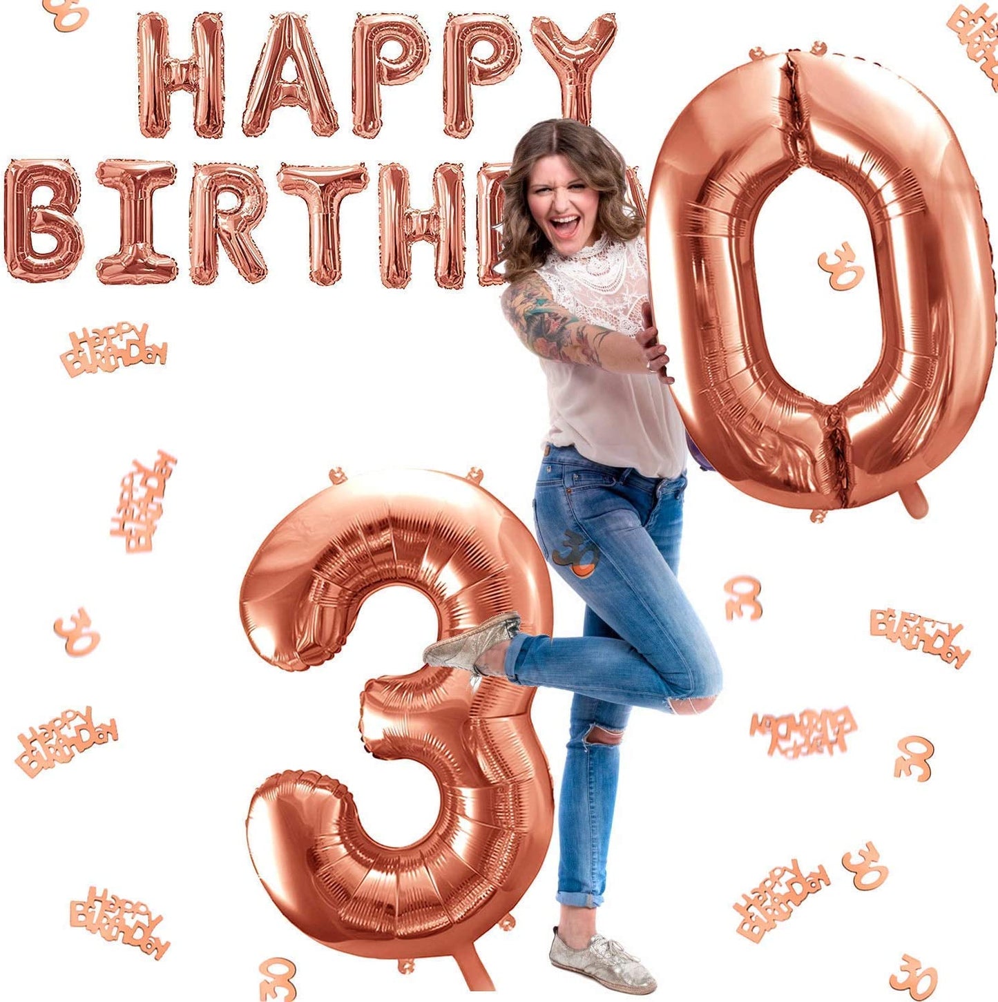 iZoeL 30th Rose Gold Birthday Party Decoration, Happy Birthday Banner, Helium Number 30 XXL, 2 Rose Gold Fringe Curtain, Latex Confetti Balloon, Table Confetti Girl Women Anniversary