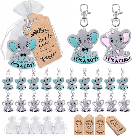 iZoeL 20 Sets It's a Boy It's a Girl Baby Shower Return Favors for Guests, Baby Elephant Keychains Blue Pink + Organza Bags + Thank You Kraft Tags for Elephant Theme Party Favors, Kids Party Supplies