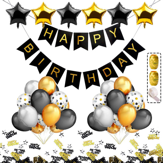 iZoeL Black Gold Silver Party Decorations incl. Birthday Banner 6 star foil balloon 30 latex balloons 10 confetti balloons Happy Birthday star Confetti