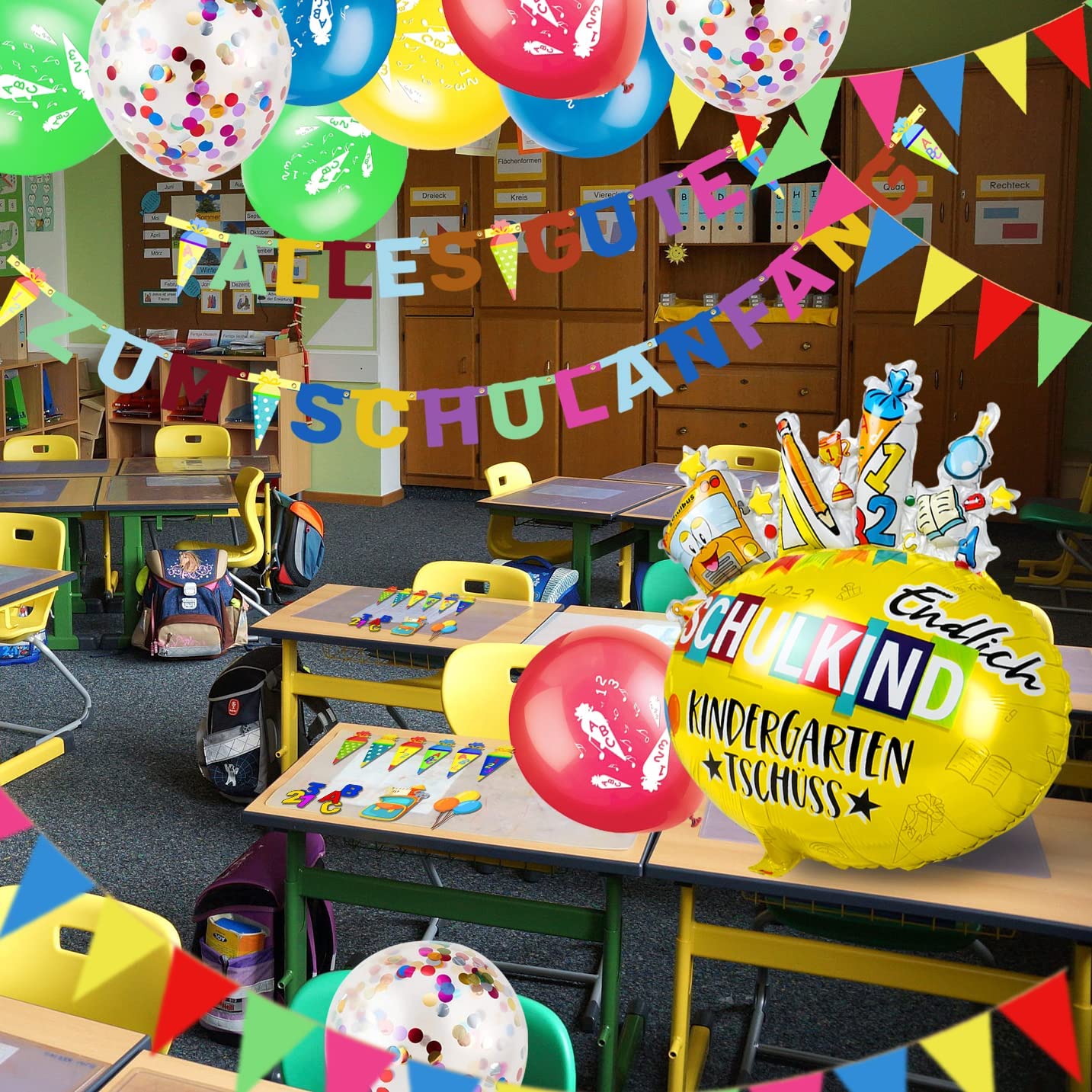 iZoeL Decorative First Day of School Boy Bunting "Alles Gute zum Schulanfang" Banner Foil Balloon Cake Decoration School Cone Craft Set Confetti Girls