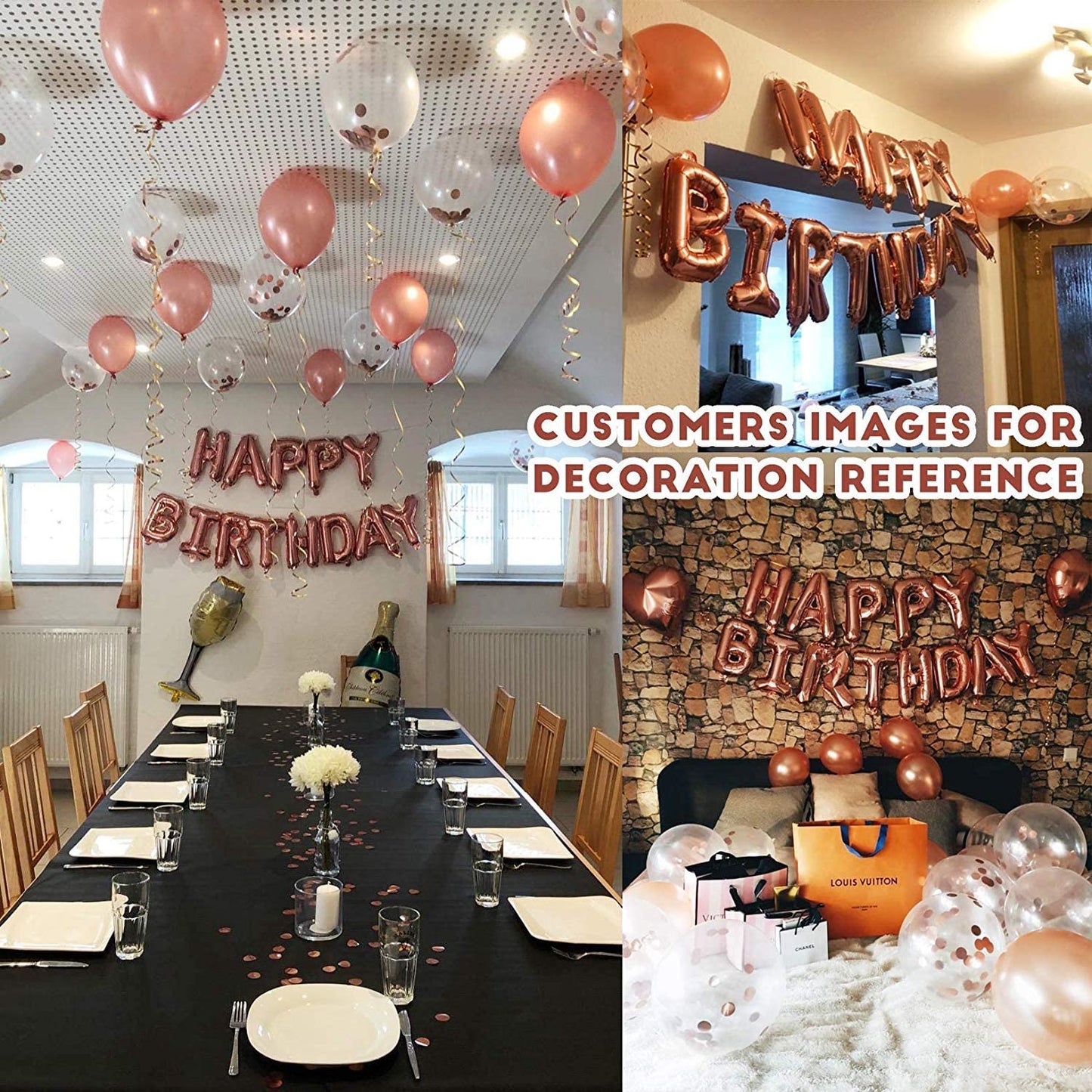 iZoeL Rose Gold Birthday Party Decoration for Girls Women Happy Birthday Banner, Rose Gold Fringe Curtain Foil Tablecloth, Heart Star Confetti Balloons and 10g Table Confetti