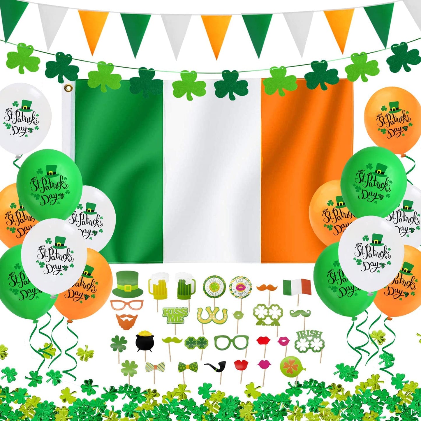 iZoeL St Patricks Day Decorations St Patricks Day Accessories, Irish Flag Bunting St Patricks Day Balloons Photo Booth Props Shamrocks Confetti for Home Bar Irish Paddy's Day Outside Party Decoration