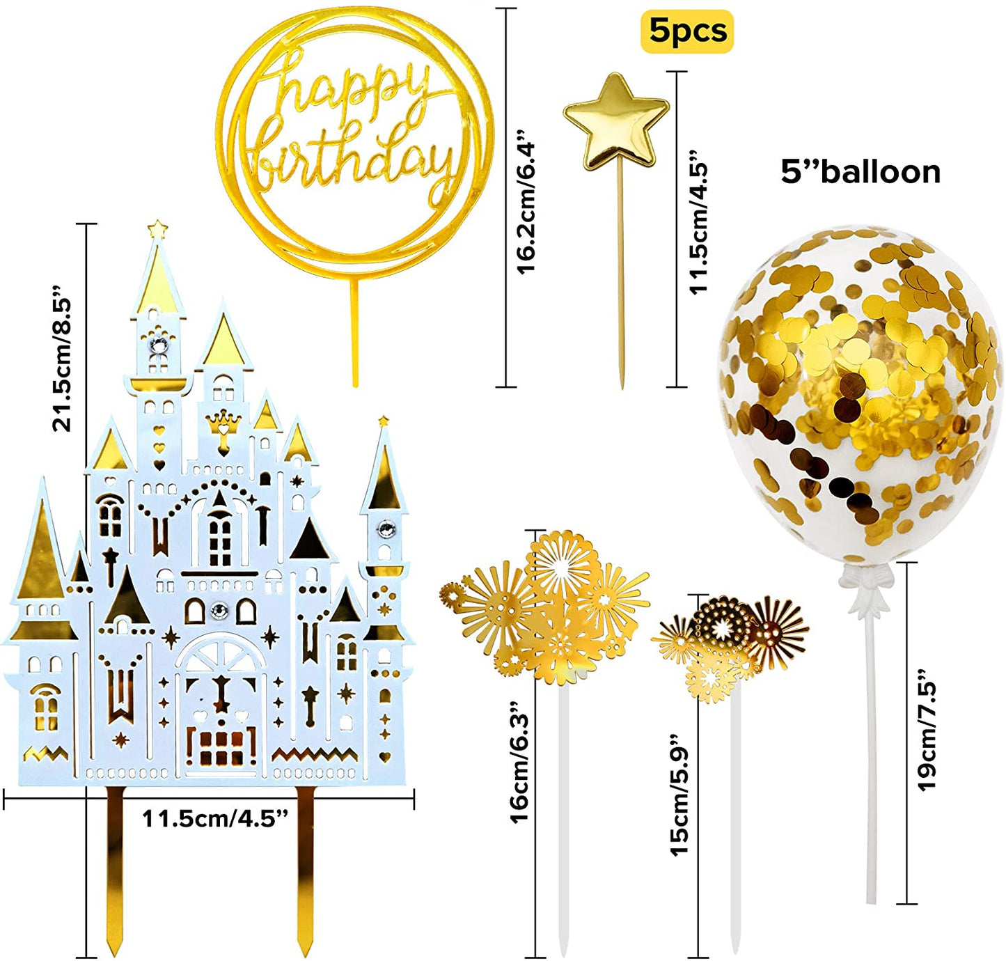 iZoeL Gold Birthday Cake Decoration Gold White Castle Happy Birthday Banner Confetti Balloon Fireworks Star Golden cake Topper for Gold Theme Party Decor Girl Boy Kid Women Man