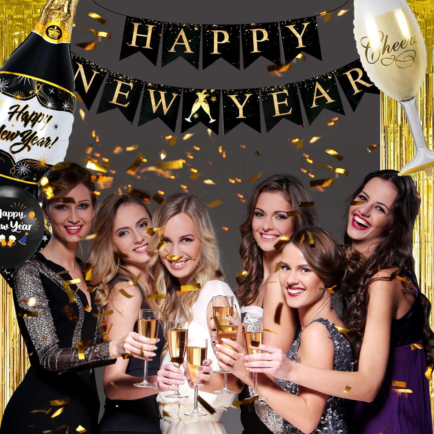 iZoeL New Years Eve Party Decorations 2022, Black Gold Happy New Year Banner, XXL 2022 Balloons, Gold Fringe Curtain, Bottle Champagne Balloons for Happy New Year Decorations