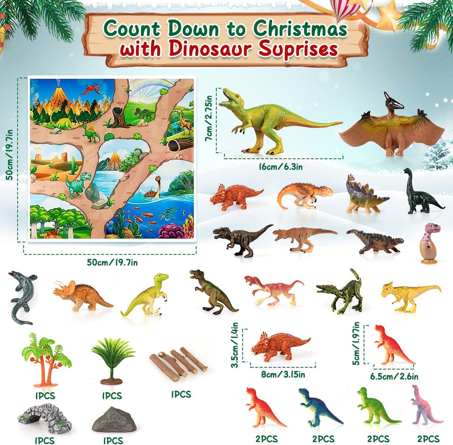 iZoeL Dinosaur Advent Calendar 2022 Boys Kids Christmas, 24 Big Dinosaurs Figures Playset with Game Map Countdown Days to Christmas Xmas Holiday Surprise Gift for Girls Teens