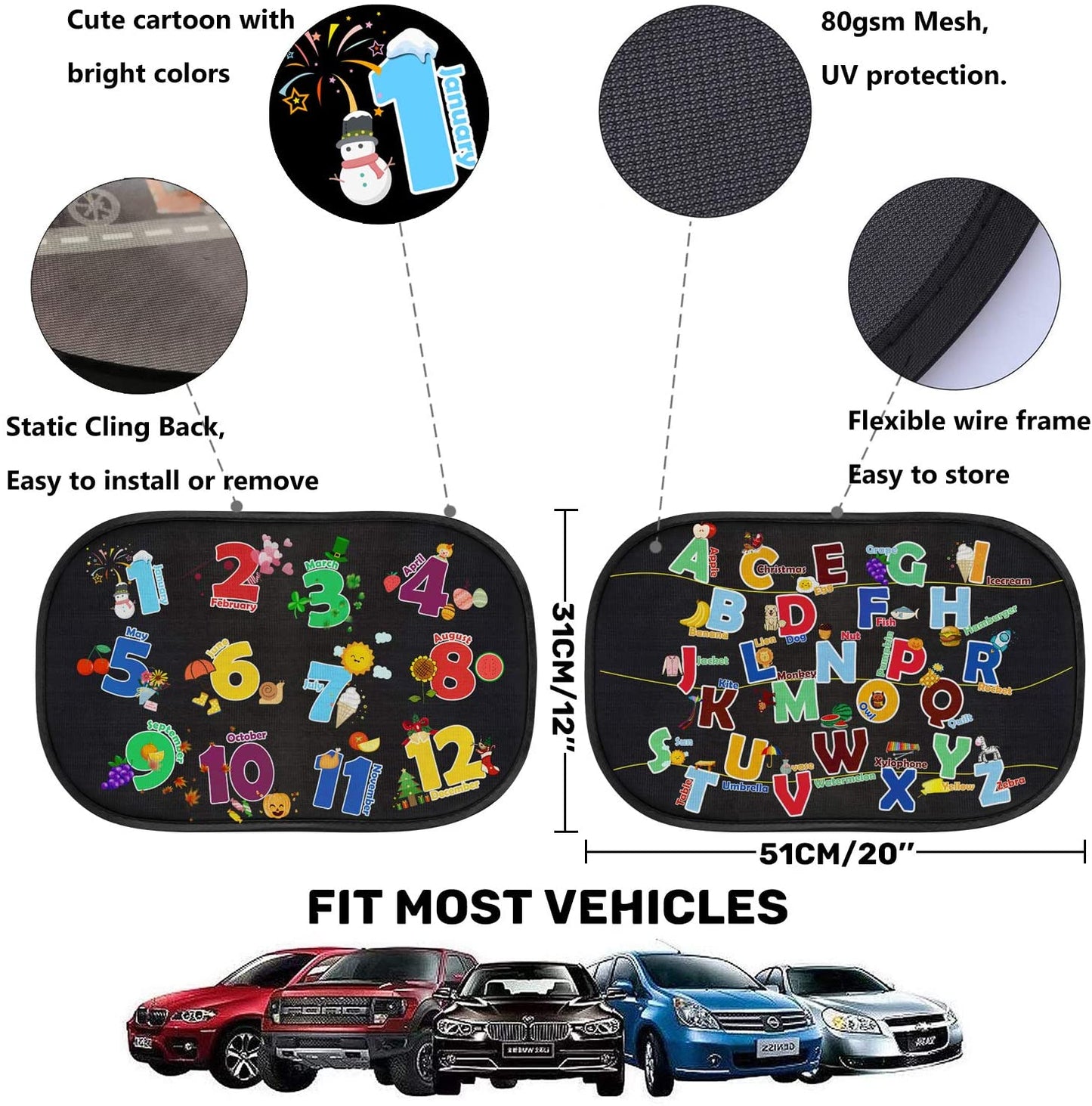 iZoeL Car Sun Shade for Baby Kids 2 Pack, Static Cling Side Window Car Annimal Elephant Lion, 80GSM Rear Sunshades Universal with 8 Suction Cups and Storage Bag - Sun Glare and UV Rays Protection