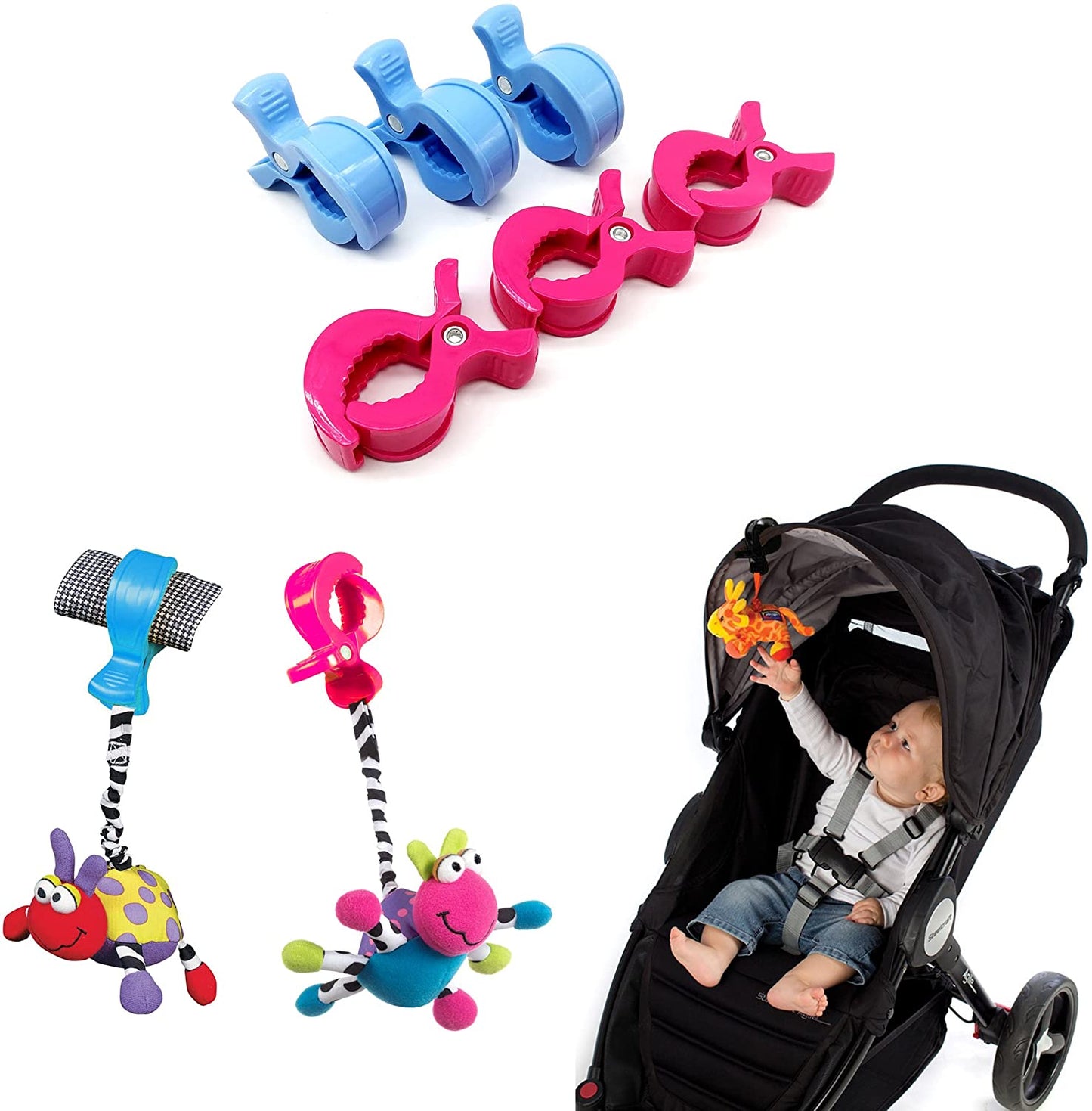 iZoeL Buggy Grippers & Pram Clips Set 6 Stoller Clips & 2 Hooks Pram Muslin Blanket Clamps Stroller Pegs to Hook Toys Cover Toys