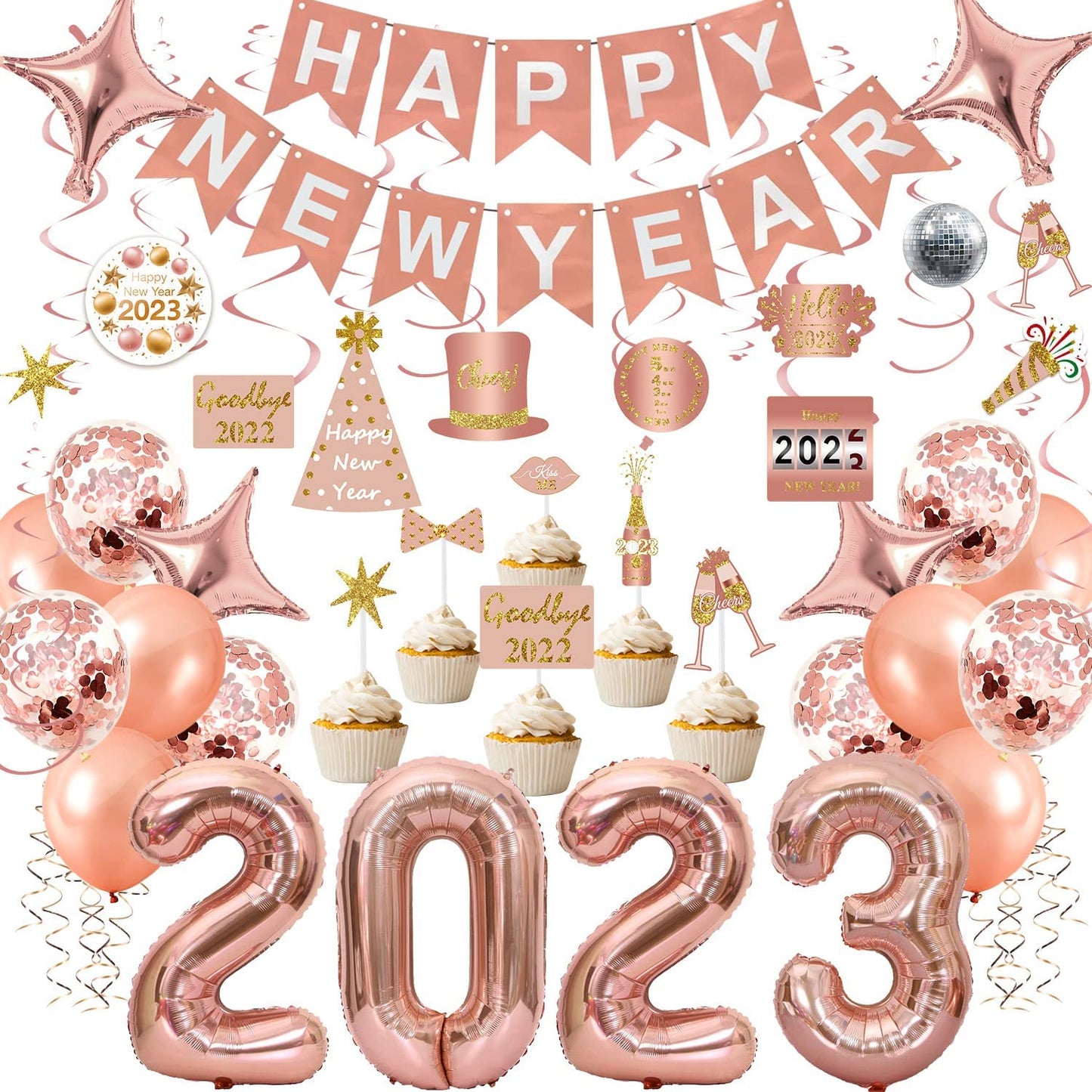 iZoeL New Years Decorations 2023 Eve Party Supplies - Rose Gold 2023 Balloons New Year Hanging Swirl New Year Cake Topper Happy New Year Balloons - 2023 New Years Party Favors