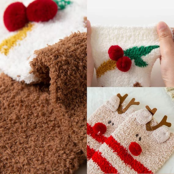 iZoeL 5 pairs Christmas Socks Fluffy Non Slip with Rubber Socks Novelty Funny House Socks Winter Socks Warm Socks Advent calendar Fillers New Year Gift for Women Kids Adults Kids