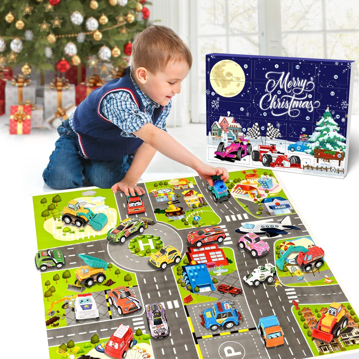 iZoeL Cars Advent Calendar for Kids Boys 2022 Christmas, 24 Mini Pull Back Vehicles Racing Car Construction Vehicles Fire Truck Countdown Days to Christmas for Son Grandson Girls