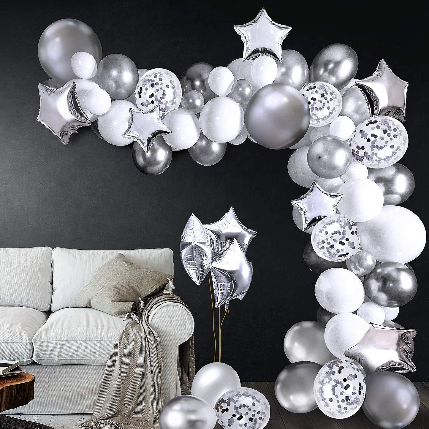 iZoeL Silver Birthday Party Decoration Silver Balloon Arch Garland Kit Latex Confetti Balloons Foil Star Balloon Tape Strips Tie Tools Flower Clips Kid Girl Woman (Silver)