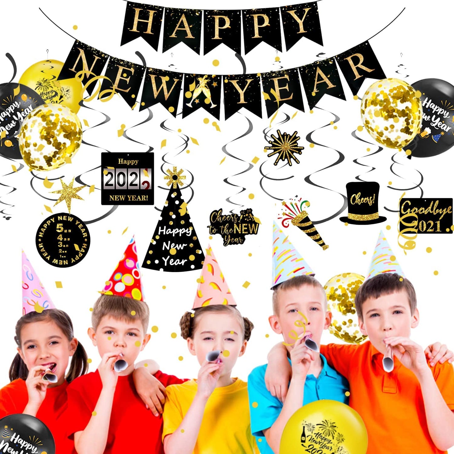 iZoeL New Years Eve Party Decorations 2022, 13pcs Black Gold Happy New Year Banner, 2022 Balloons, 10pcs Happy New Year Hanging Swirl, 16pcs Balloons for New Year Decorations