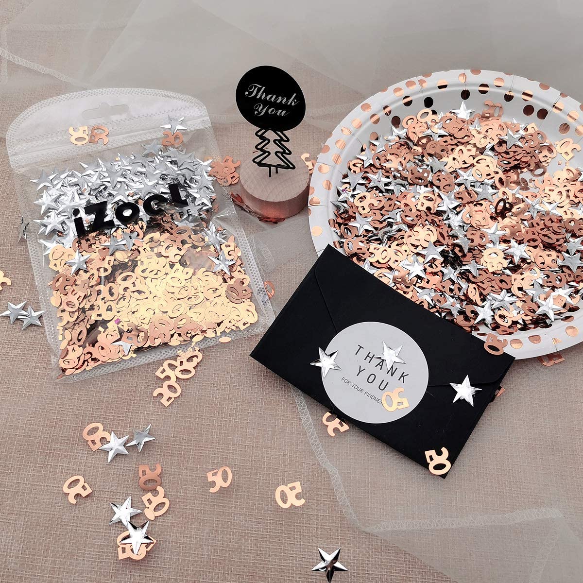 iZoeL 50th Rose Gold Table Confetti Bag 30g incl. 50th Birthday Confetti (1000pcs) Silver Star Confetti Sequin(200pcs) for 50th Birthday Party Wedding Anniversary Table Decoration (Rose Gold 50)