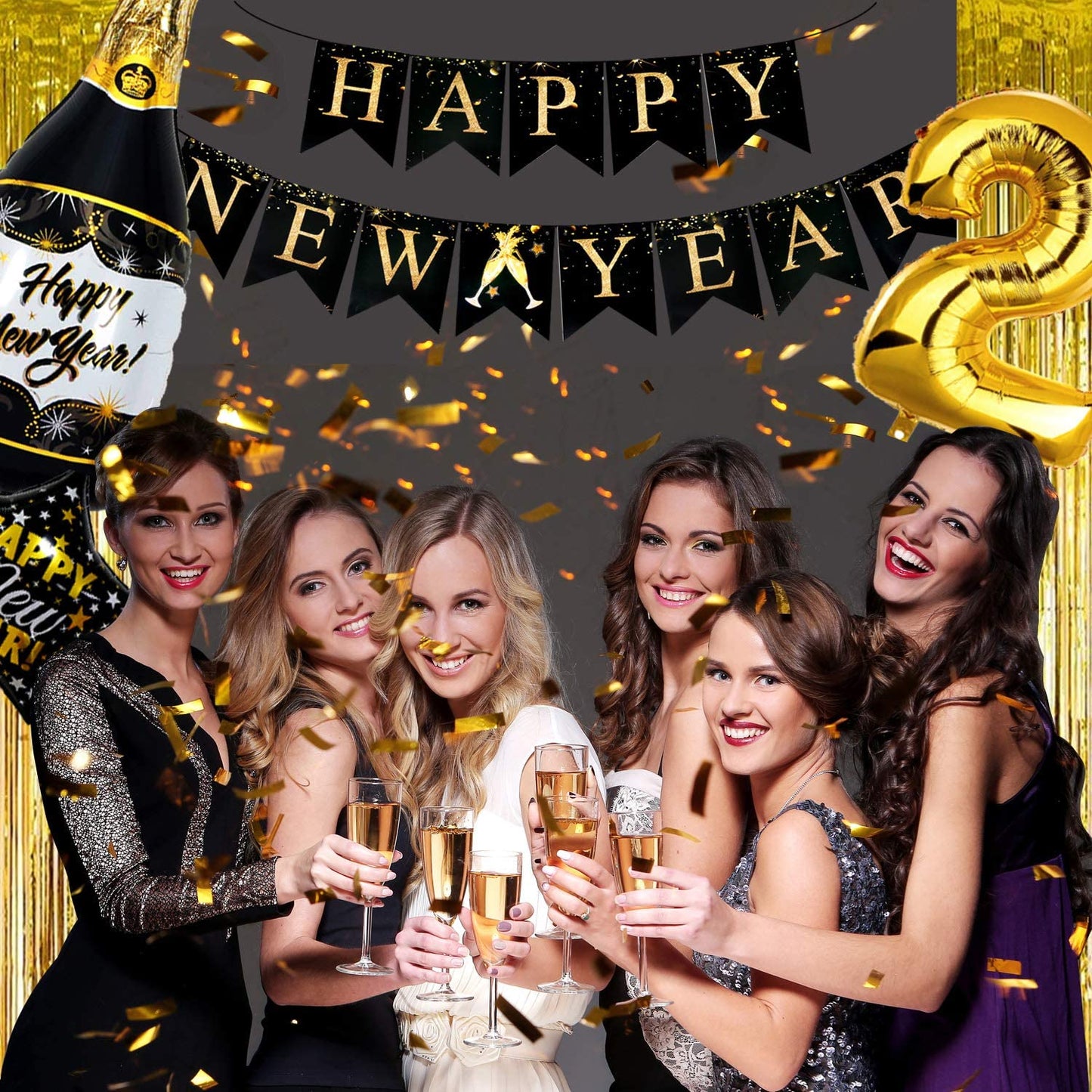 iZoeL Happy New Year Balloon 2021 XXXL Set, Black Gold Happy New Year Banner, Gold Fringe Curtain, Foil Helium Confetti Balloons Number Star Bottle Champagne for New Year's Eve Party Decoration