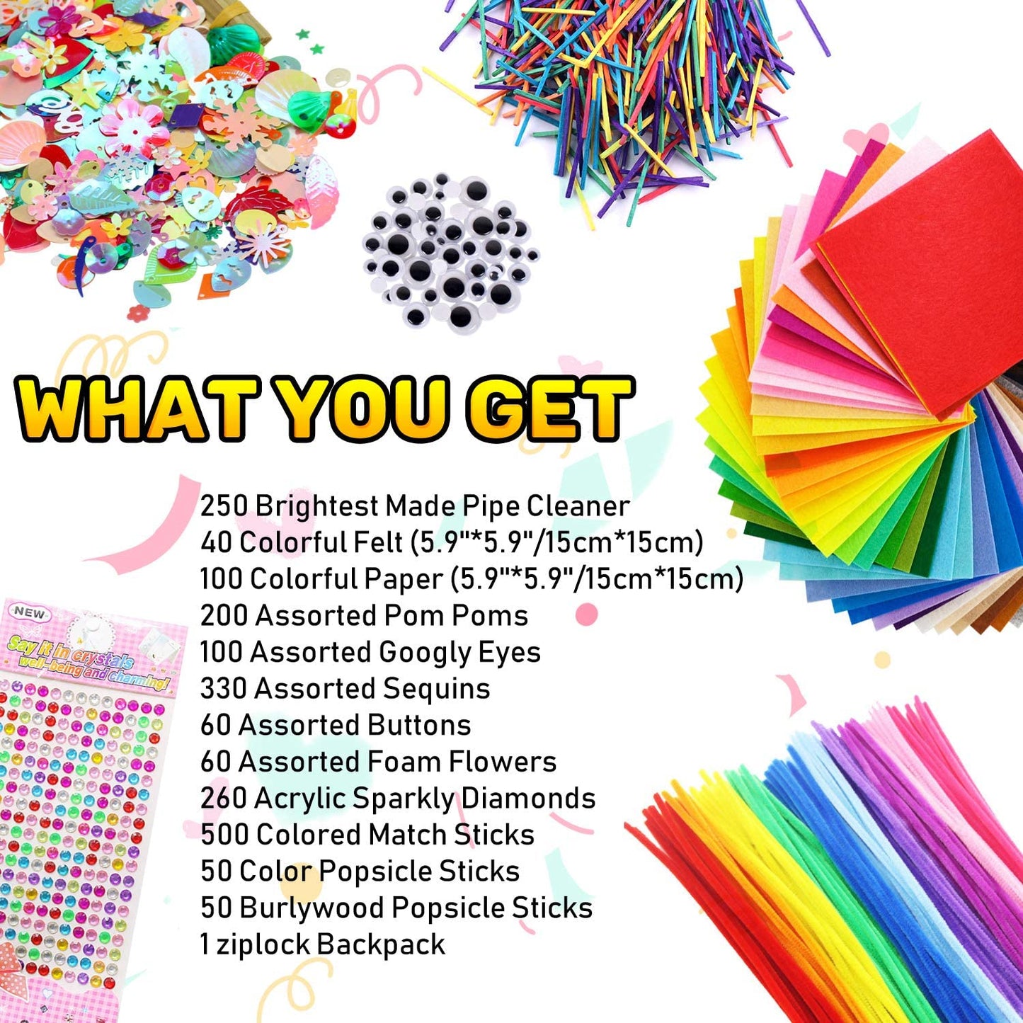 iZoeL Kids Felt Pipe Cleaners Craft Set 2000pcs Googly Eyes Pom Poms Sequins Flowers Match Sticks Popsicle Sticks Girls Boys Adults Art Craft Supplies DIY Project Birthday Party Gifts